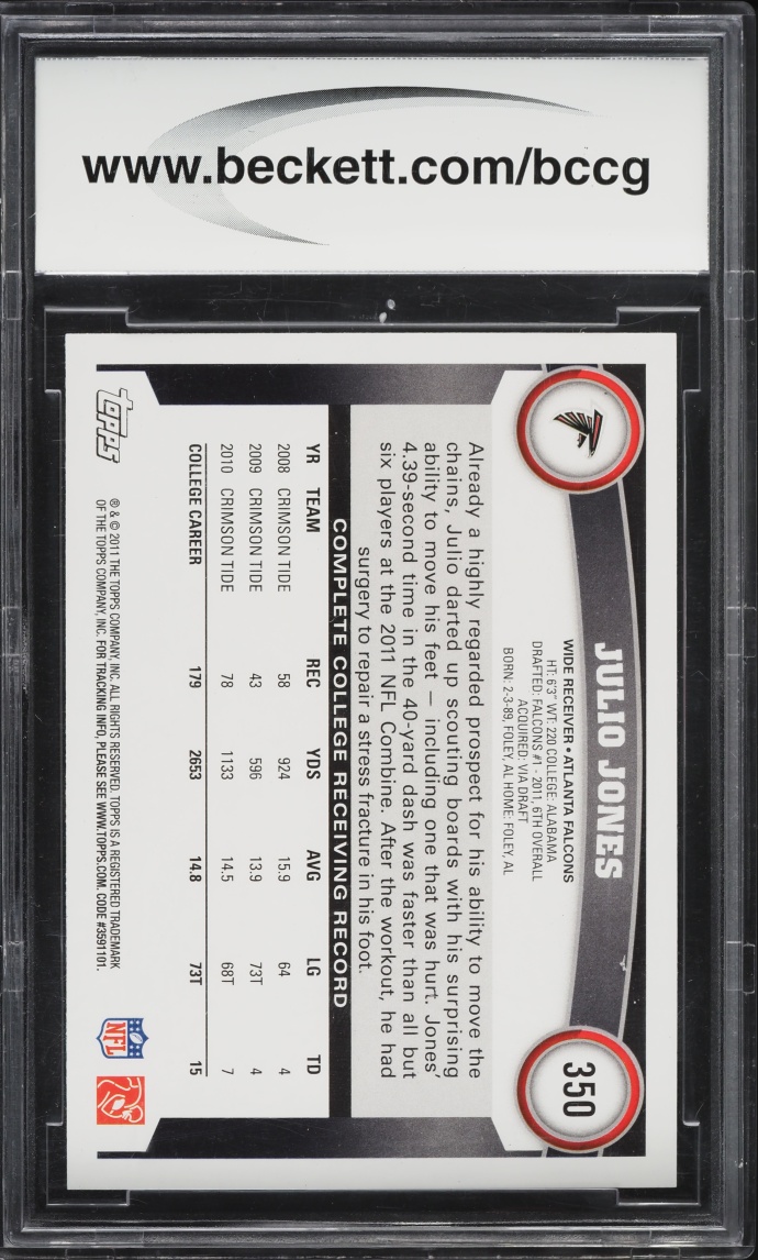 2011 Topps Football Julio Jones ROOKIE #350A BCCG 10 GEM MINT