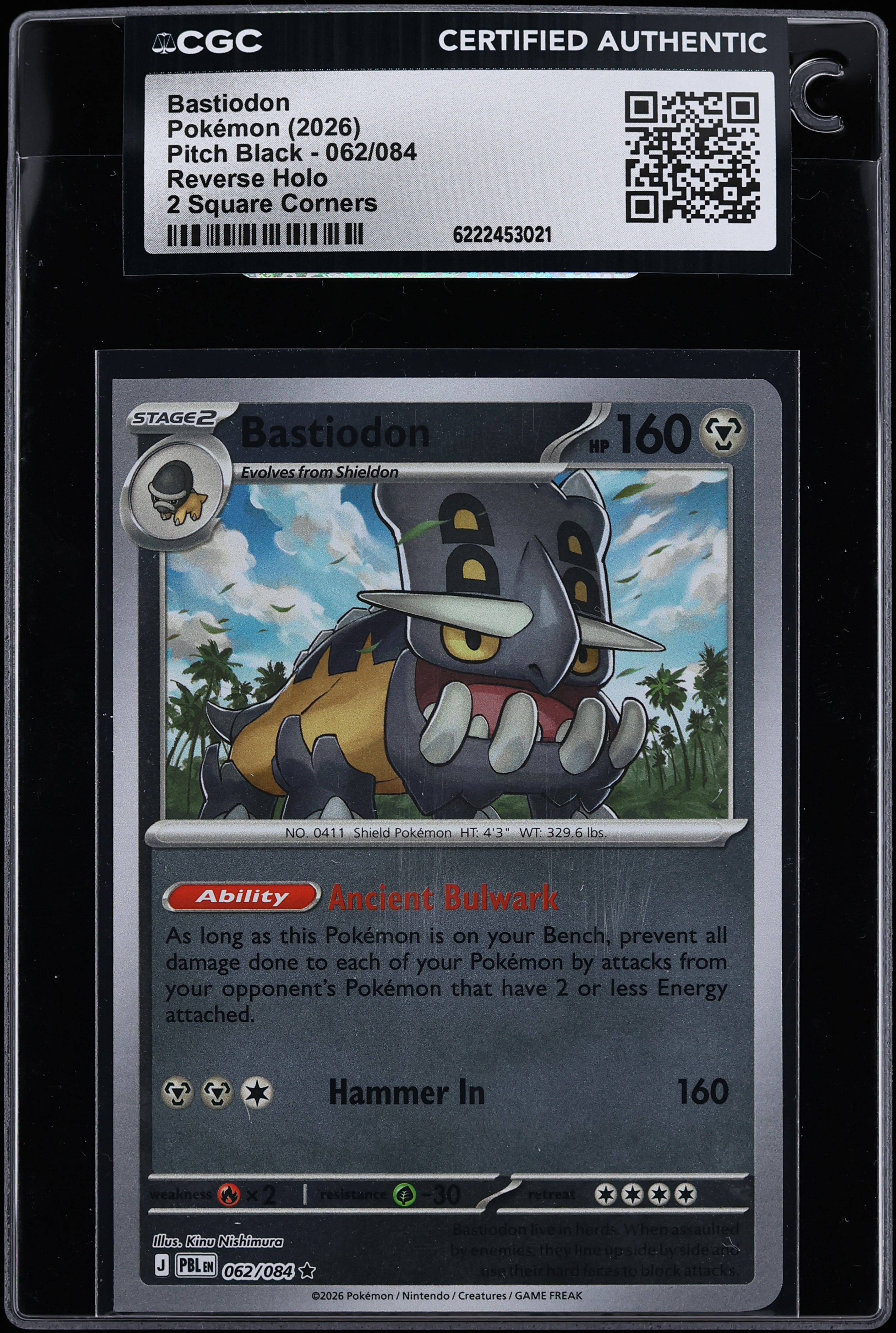 2026 Pokemon Mega Evolution Pitch Black 2 Square Corners Reverse Holo Bastiodon #62 CGC AUTH