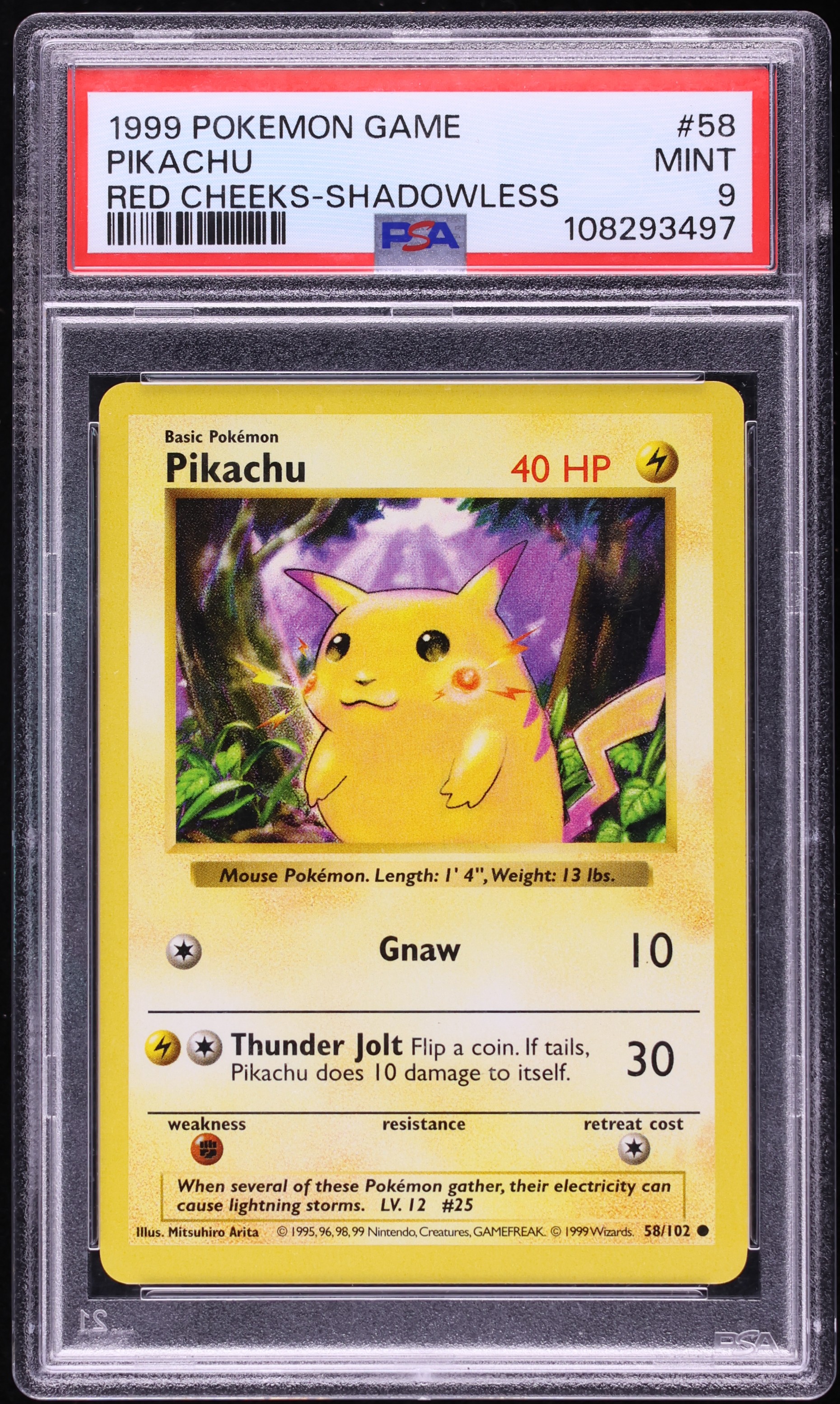 1999 Pokemon Base Set Shadowless Red Cheeks Pikachu #58 PSA 9 MINT