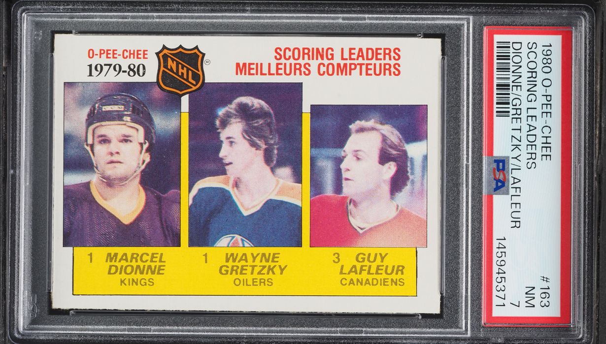 1980 O-Pee-Chee Hockey Scoring Leaders Wayne Gretzky Guy LaFleur Marcel Dionne #163 PSA 7 NRMT