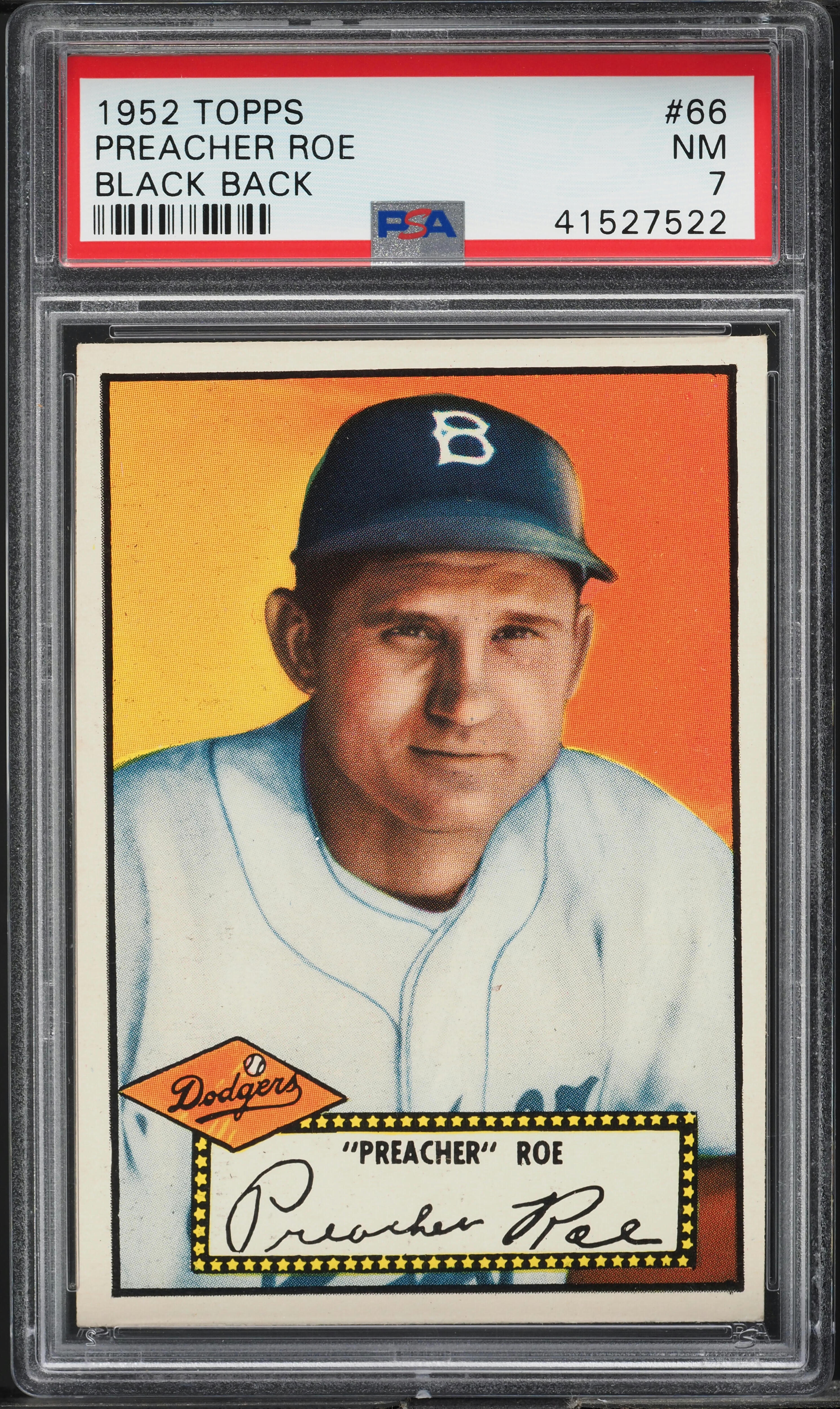 1952 Topps Preacher Roe BLACK BACK #66 PSA 7 NRMT