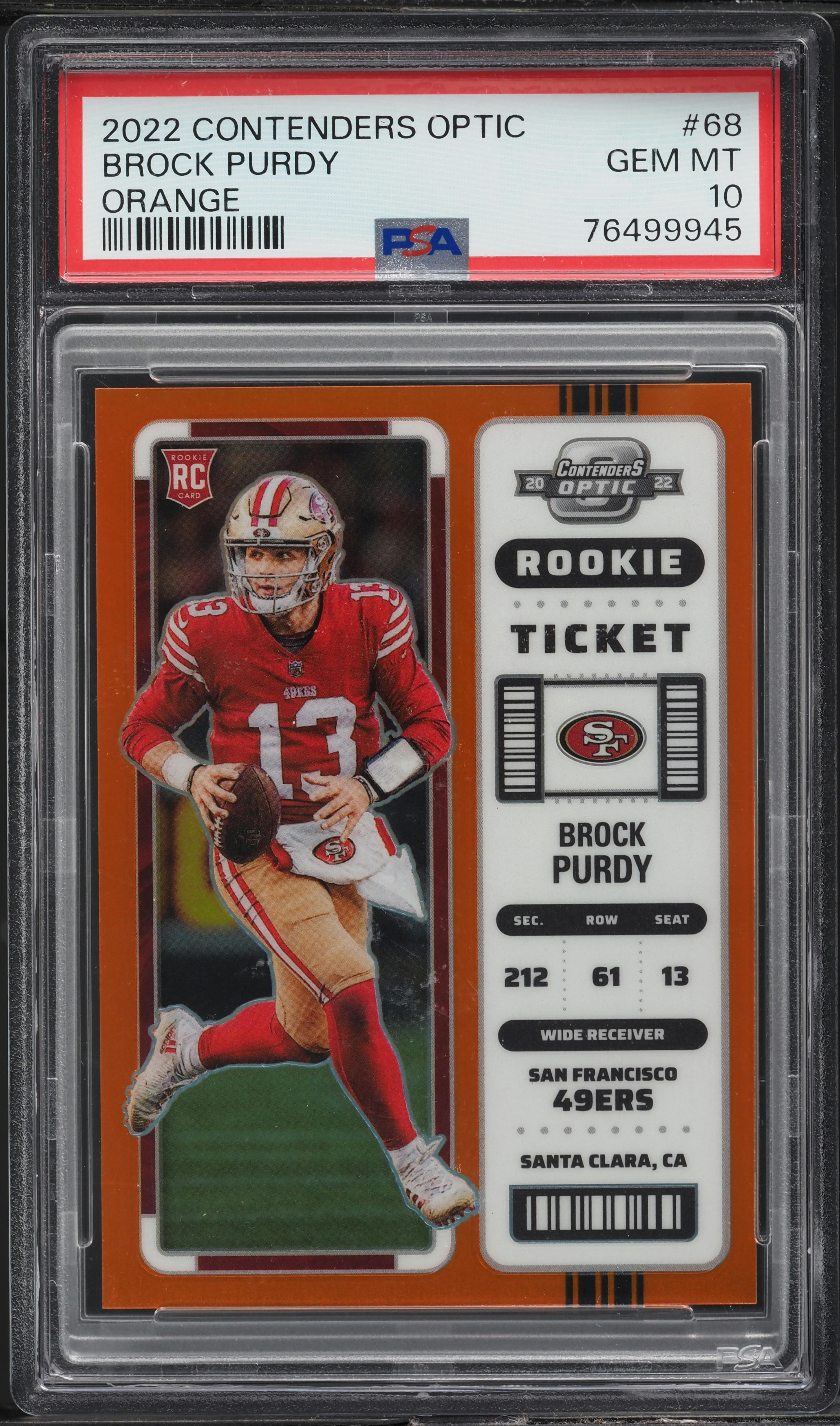 2022 Panini Contenders Optic Orange Brock Purdy ROOKIE /50 #68 PSA 10 GEM MINT