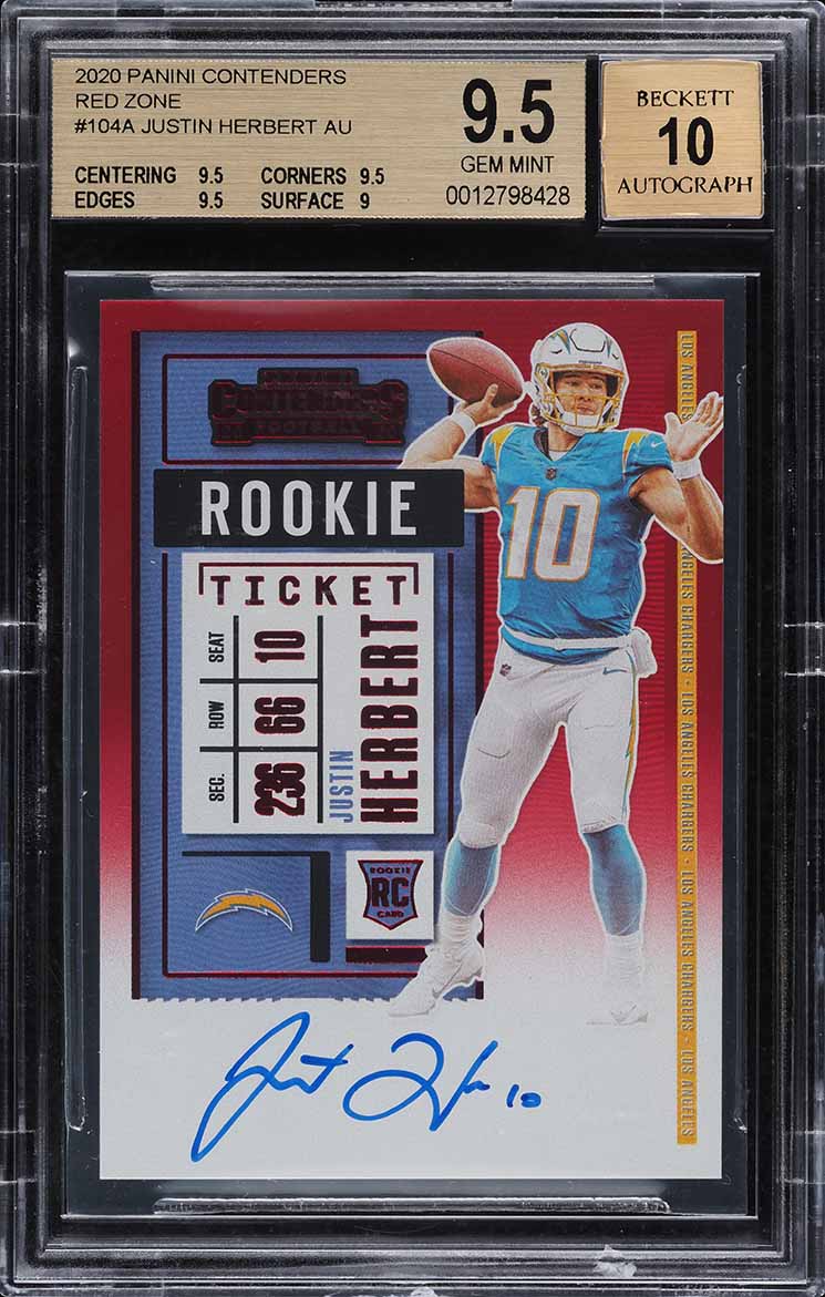 2020 Panini Contenders Red Zone Justin Herbert ROOKIE AUTO #104 BGS 9.5 GEM MINT
