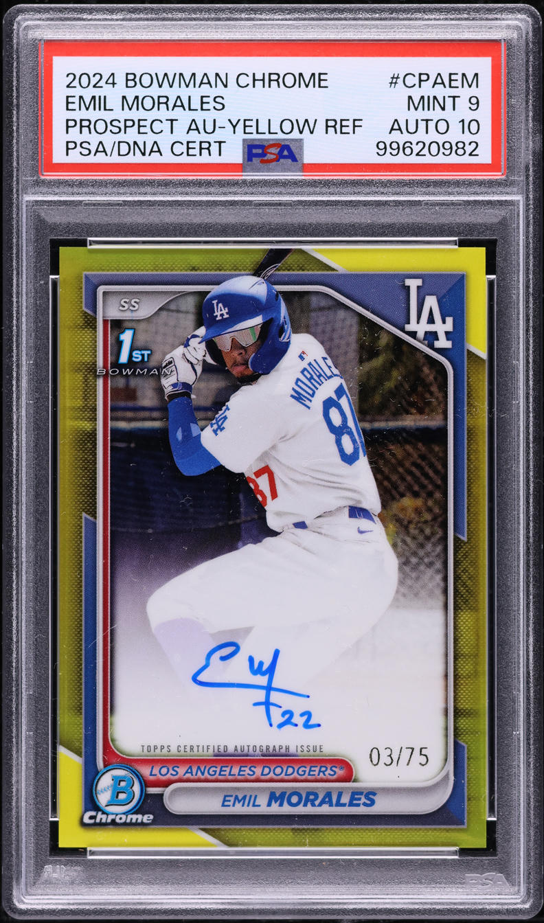 2024 Bowman Chrome Yellow Refractor Emil Morales AUTO DNA 10 /75 #CPAEM PSA 9