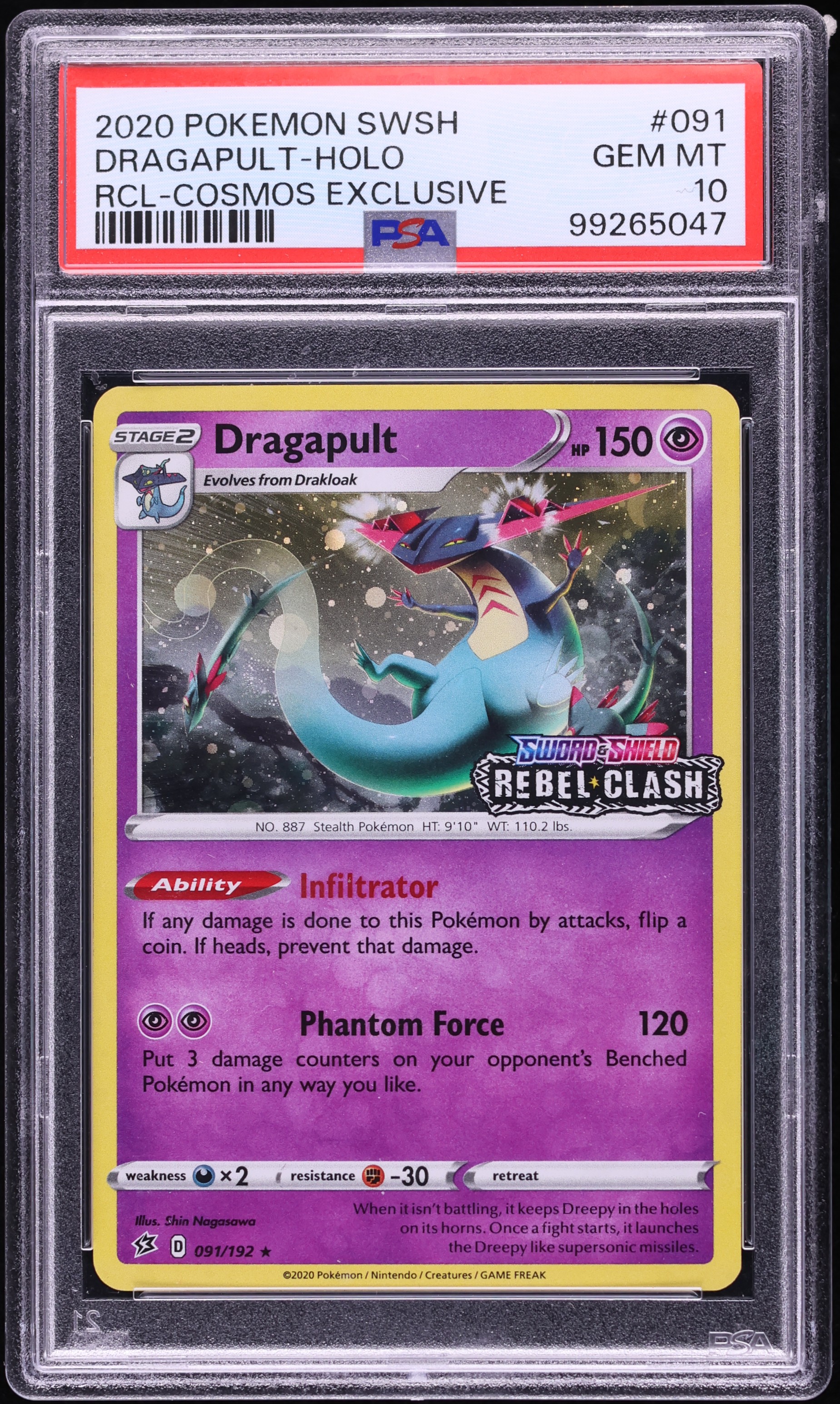 2020 Pokemon Sword & Shield Rebel Clash Exclusive Cosmos Holo Dragapult #91 PSA 10 GEM MINT