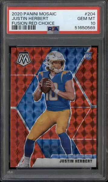 2020 Panini Mosaic Choice Prizm Fusion Red #204 Justin Herbert RC /80 PSA 10
