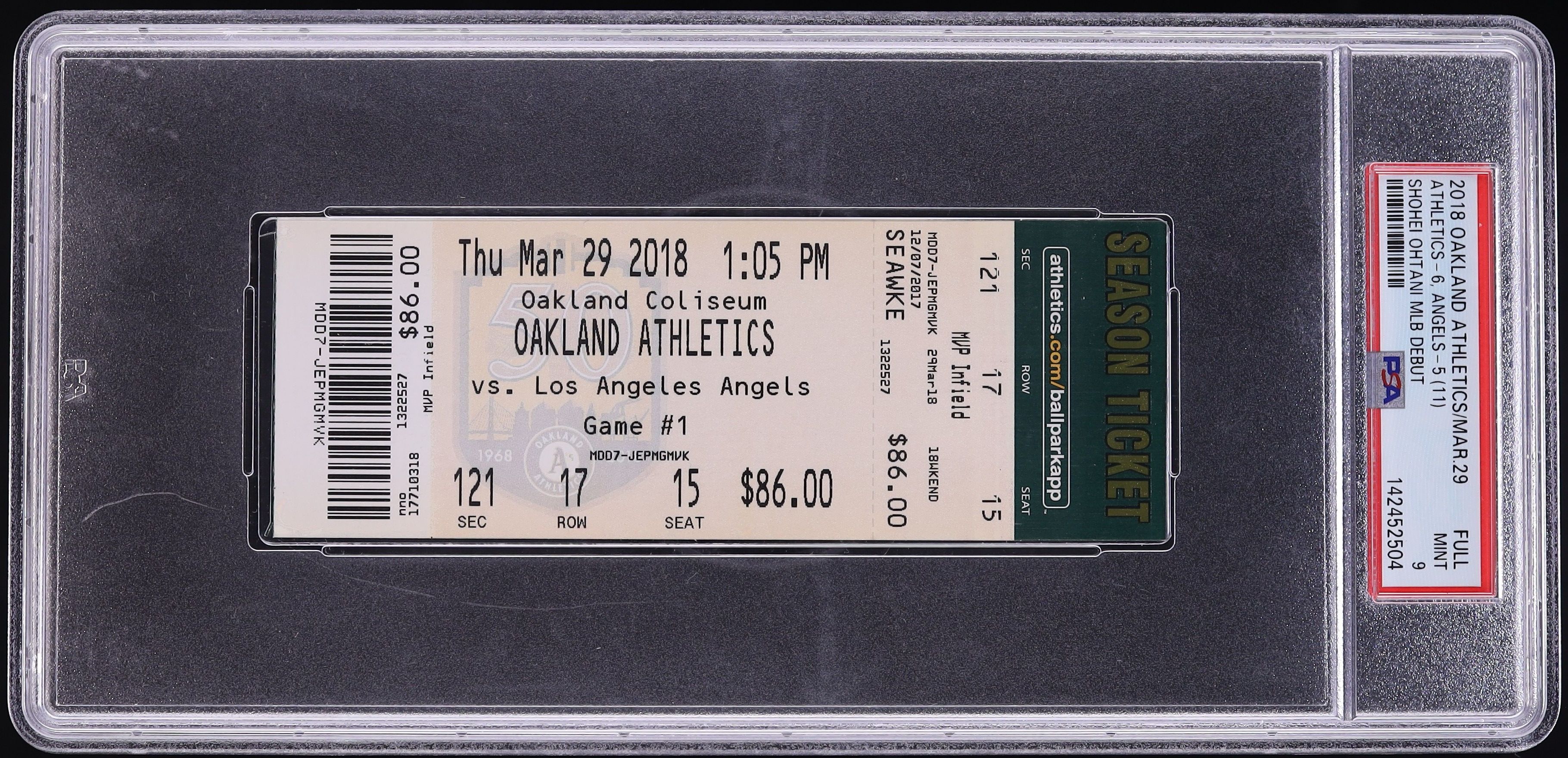 2018 Oakland Athletics Vs. Los Angeles Angels Full Ticket Shohei Ohtani MLB Debut PSA 9 MINT