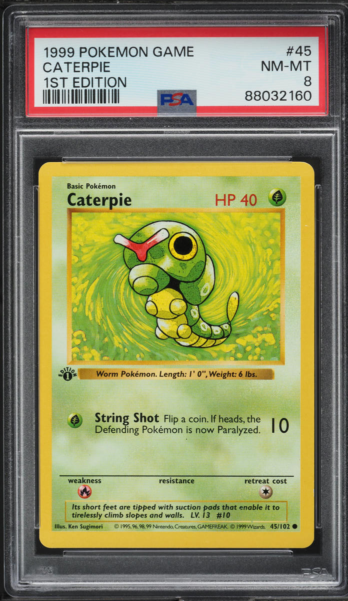 1999 Pokemon Base Set Shadowless 1st Edition Caterpie #45 PSA 8 NM-MT