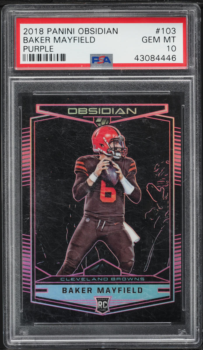 2018 Panini Obsidian Electric Etch Purple Baker Mayfield ROOKIE /75 #103 PSA 10