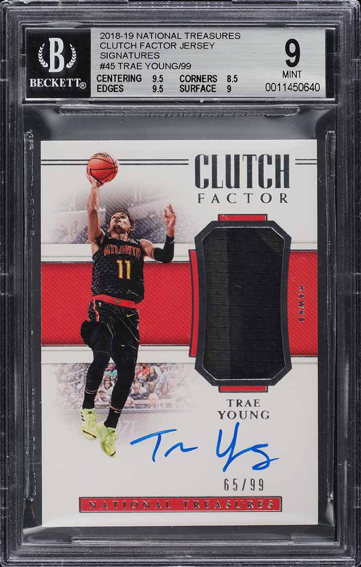 2018 National Treasures Clutch Factor Trae Young ROOKIE PATCH AUTO /99 BGS 9