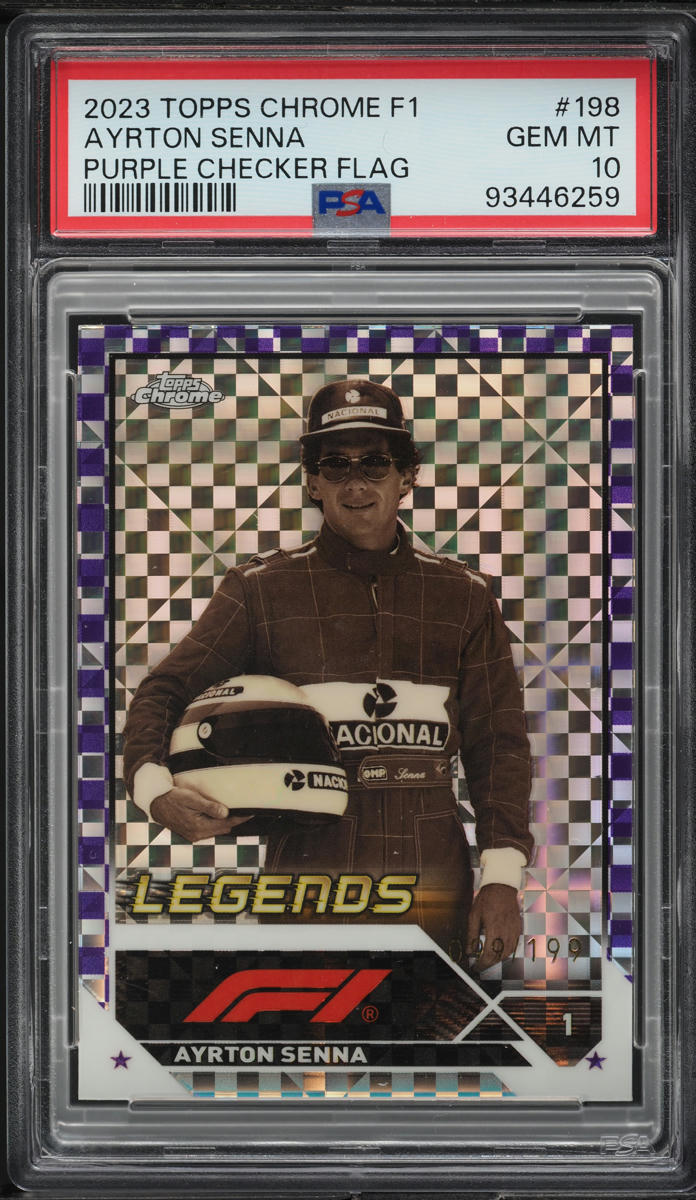 2023 Topps Chrome Formula 1 F1 Purple Checker Flag Ayrton Senna /199 #198 PSA 10