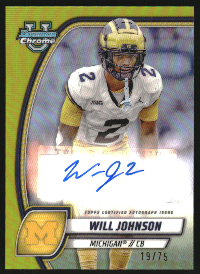 2024 Bowman Chrome University Autographs Yellow Refractor Will Johnson Auto /75