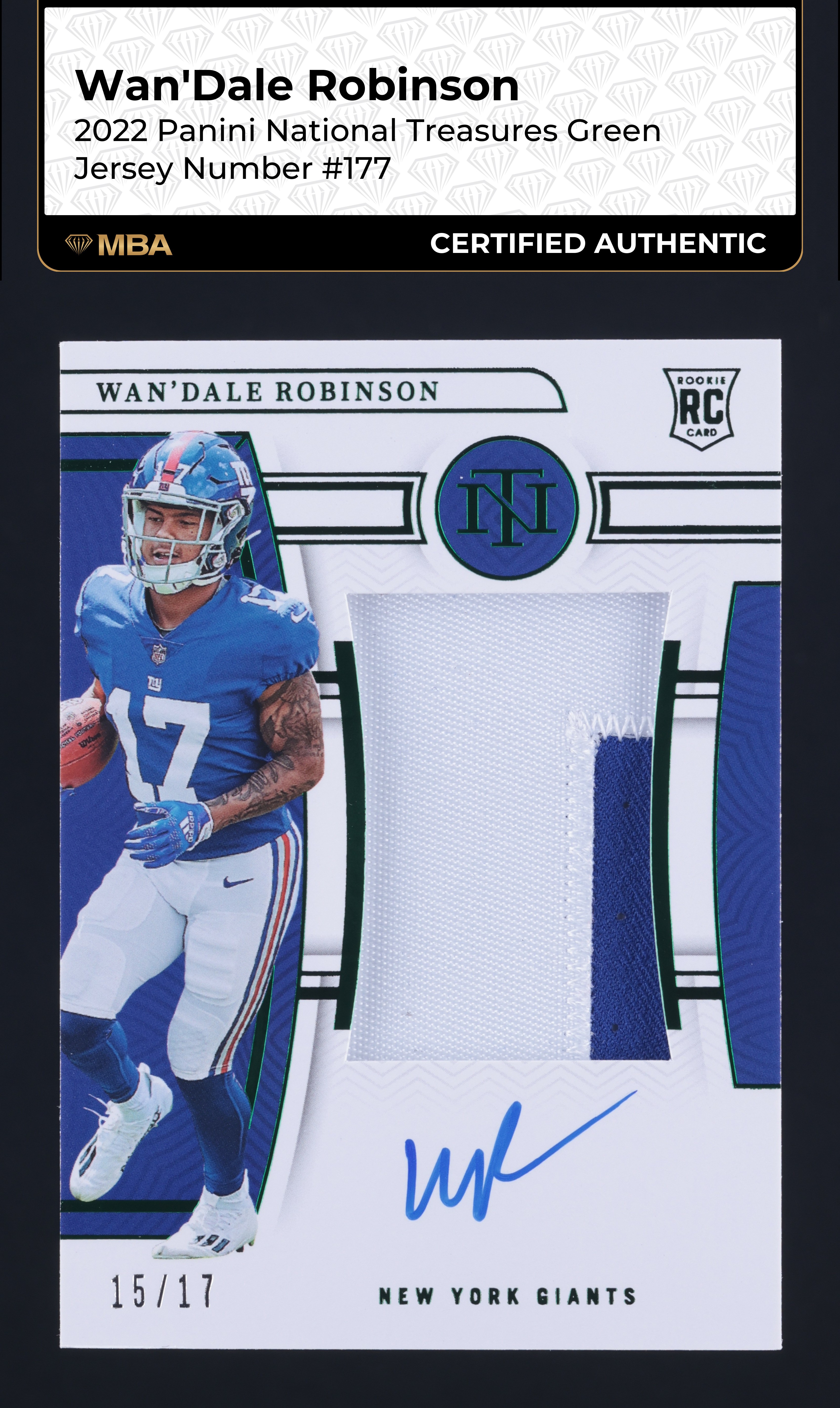 2022 National Treasures Green Wan'Dale Robinson ROOKIE PATCH AUTO /17 MBA AUTH