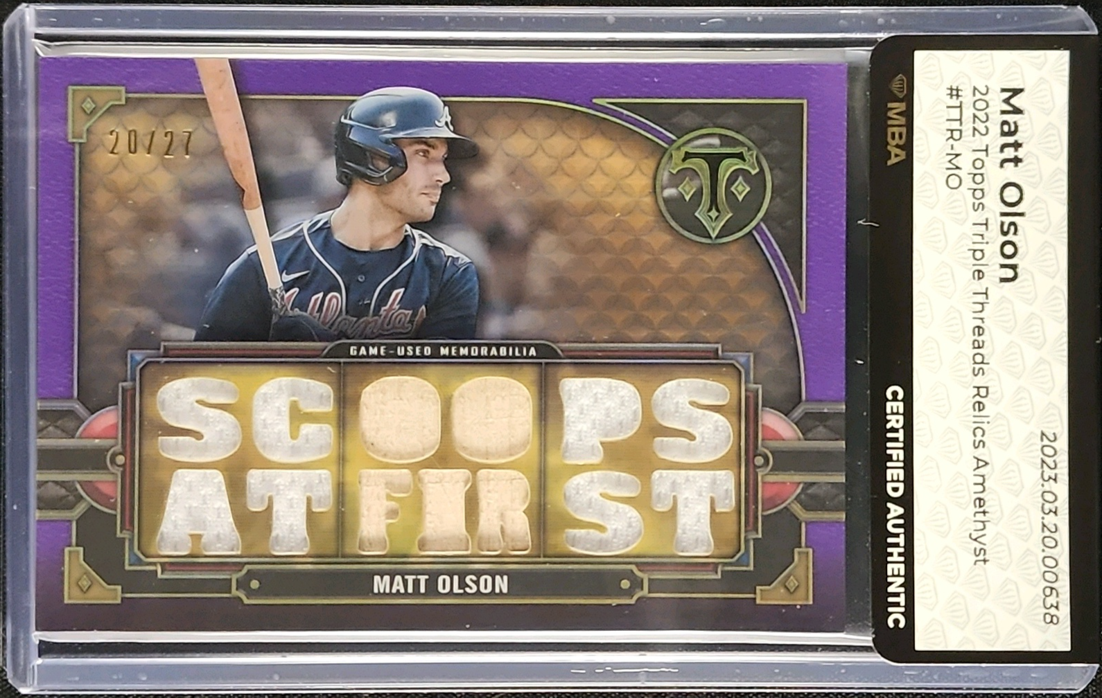 2022 Topps Triple Threads Relics Amethyst Matt Olson PATCH /27 #TTR-MO MBA AUTH