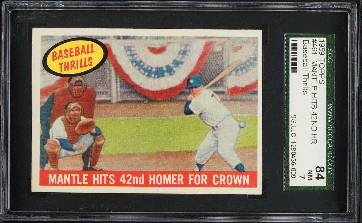 1959 Topps Mickey Mantle HITS 42ND HOME RUN BASEBALL THRILLS #461 SGC 7 NRMT