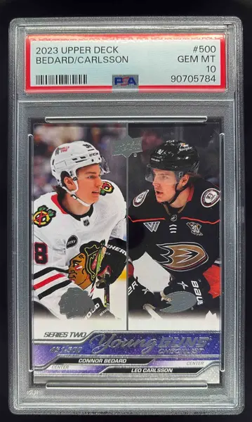 2023-24 Upper Deck #500 Young Guns Checklist Connor Bedard Leo Carlsson PSA 10