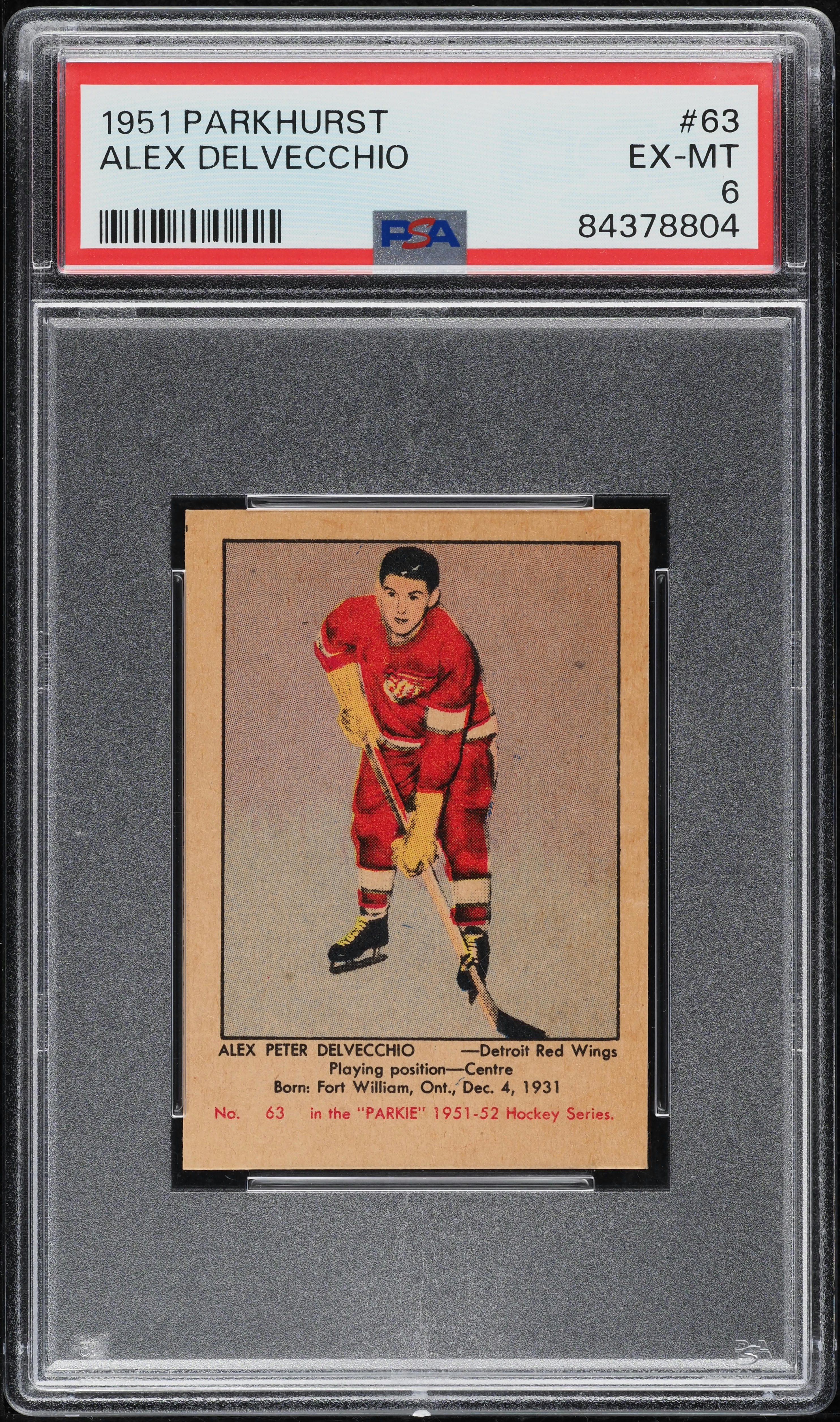 1951 Parkhurst Alex Delvecchio ROOKIE #63 PSA 6 EXMT