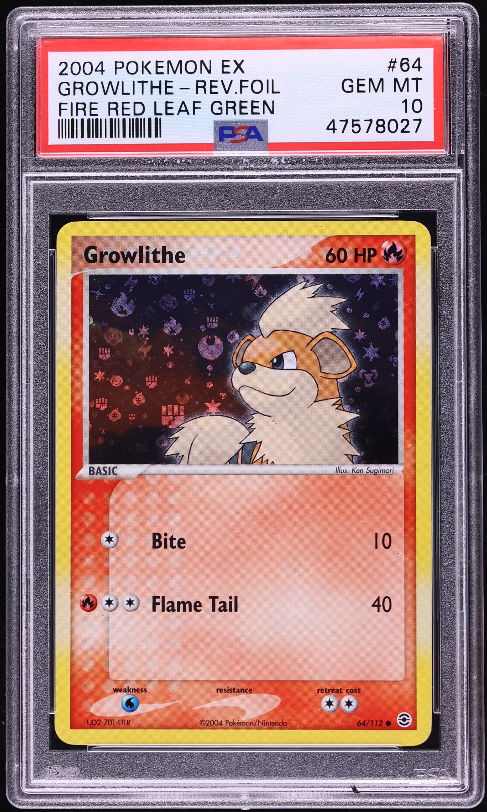2004 Pokemon EX Fire Red Leaf Green Reverse Holo Growlithe #64 PSA 10 GEM MINT