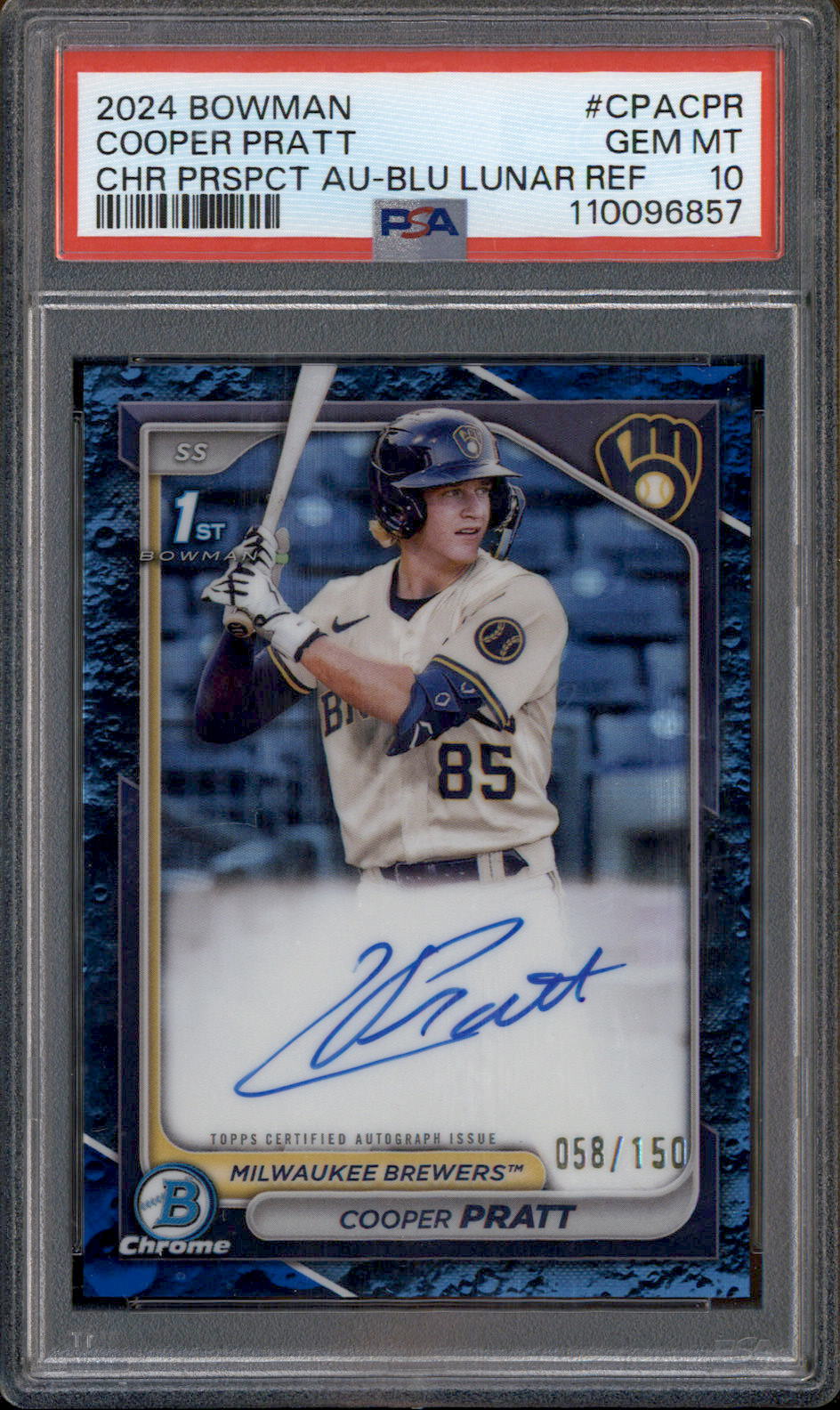 2024 Bowman Chrome Auto Blue Lunar Refractor #CPACPR Cooper Pratt RC /150 PSA 10