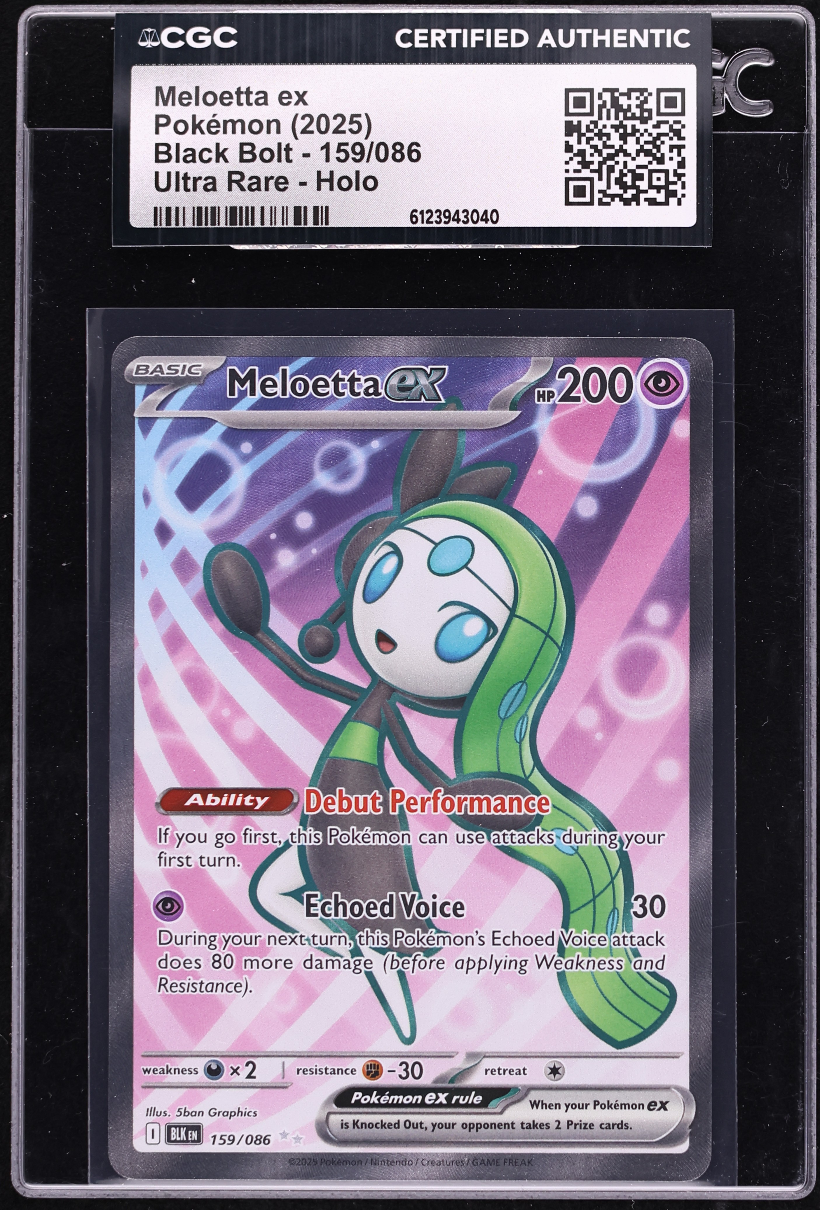 2025 Pokemon Scarlet & Violet Black Bolt Full Art Meloetta Ex #159 CGC AUTH