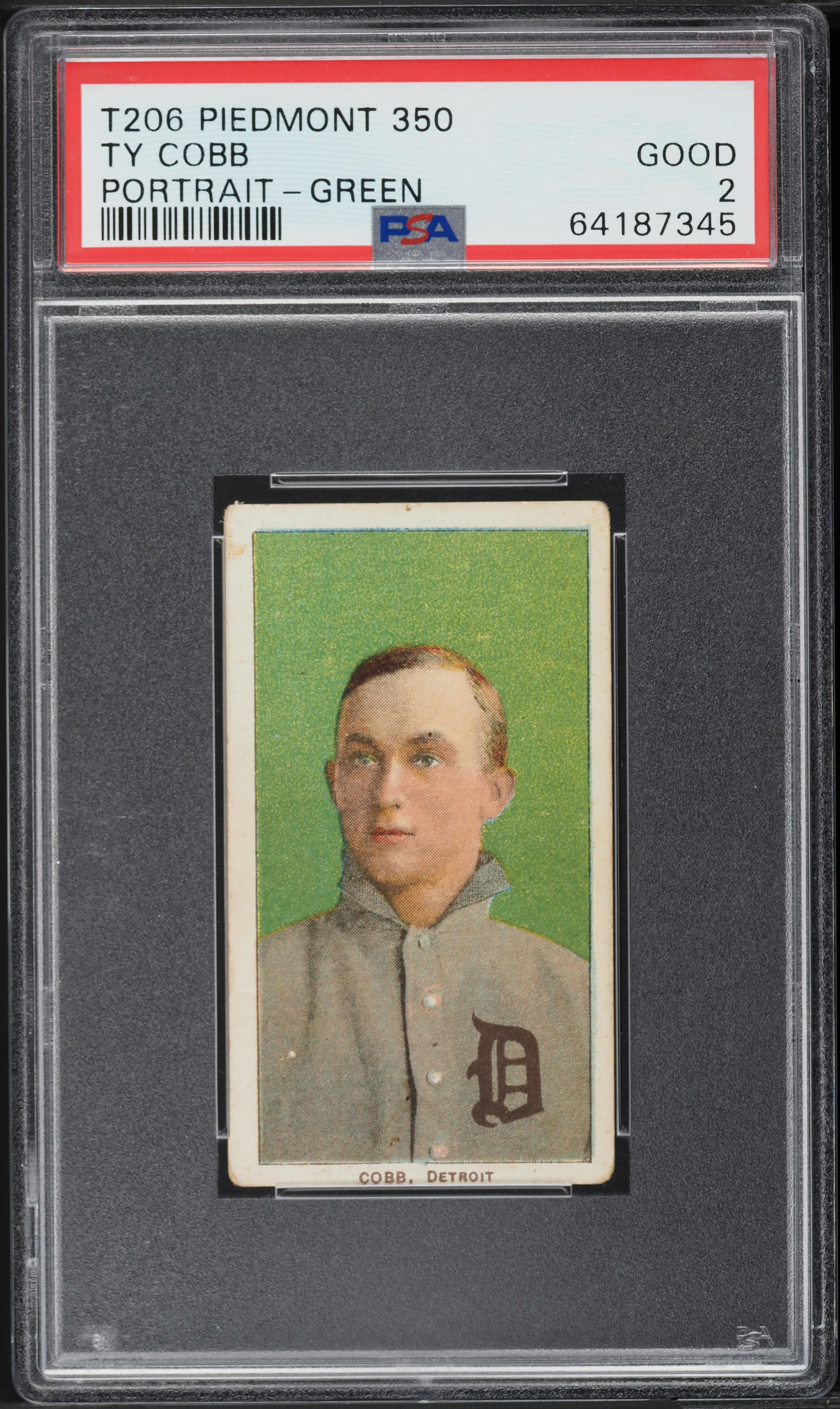 1909-11 T206 Ty Cobb GREEN PORTRAIT, PIEDMONT PSA 2 GD