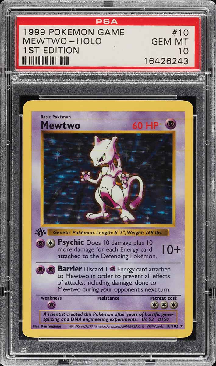 1999 Pokemon Base Set Shadowless 1st Edition Holo Thick Stamp Mewtwo #10 PSA 10