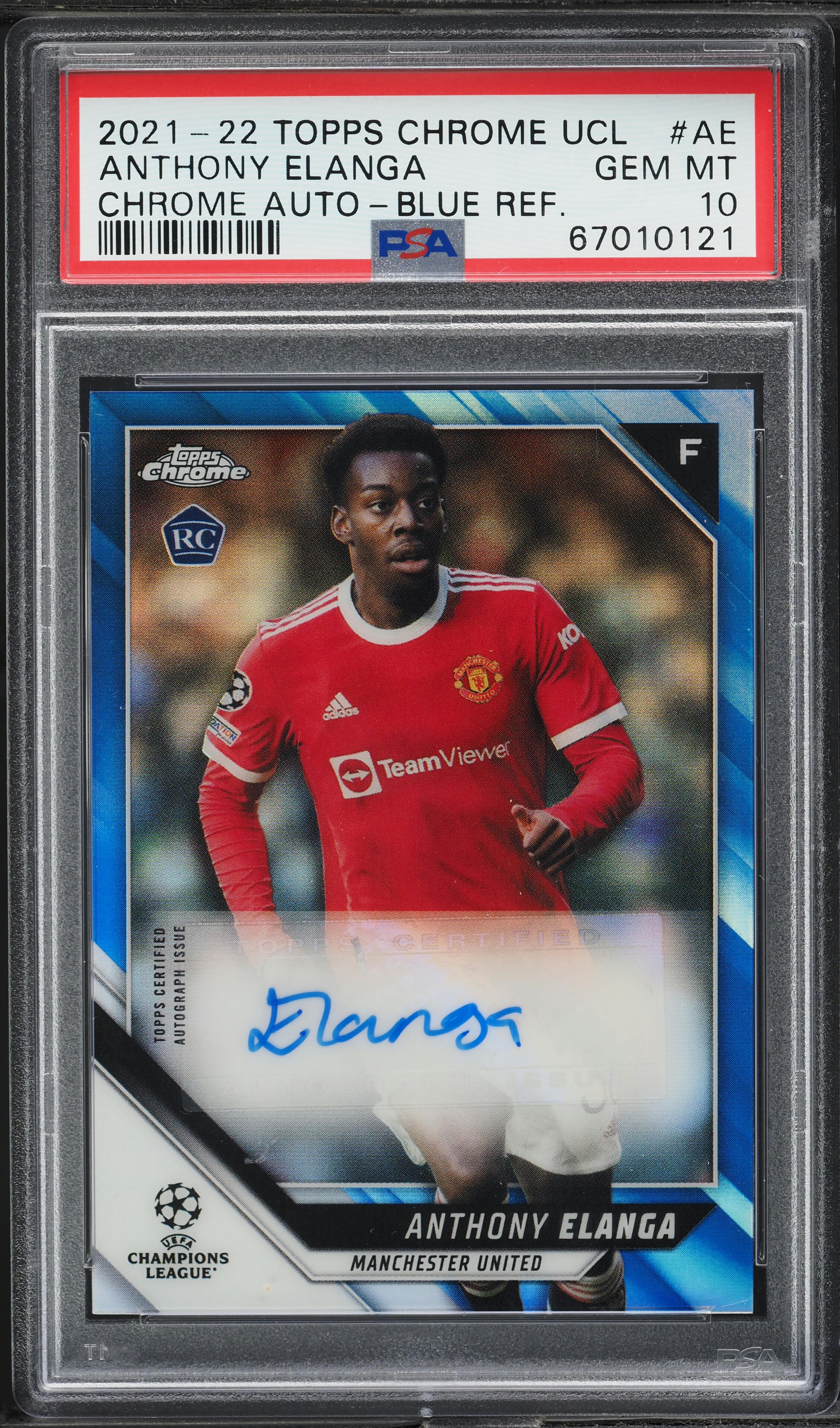 2021 Topps Chrome UCL Blue Refractor Anthony Elanga ROOKIE AUTO /150 PSA 10 GEM