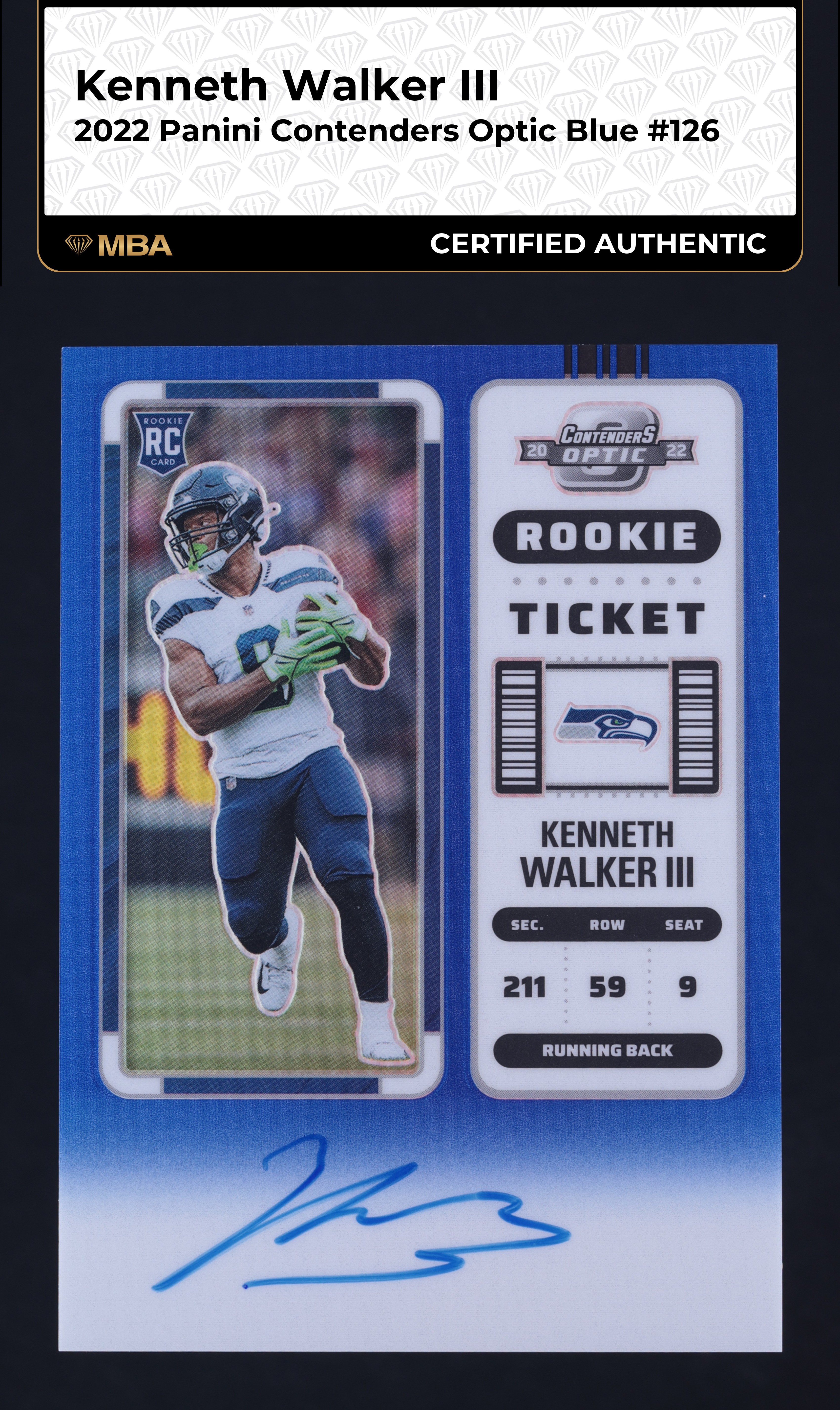 2022 Panini Contenders Optic Blue Kenneth Walker III RC AUTO /75 #126 MBA AUTH