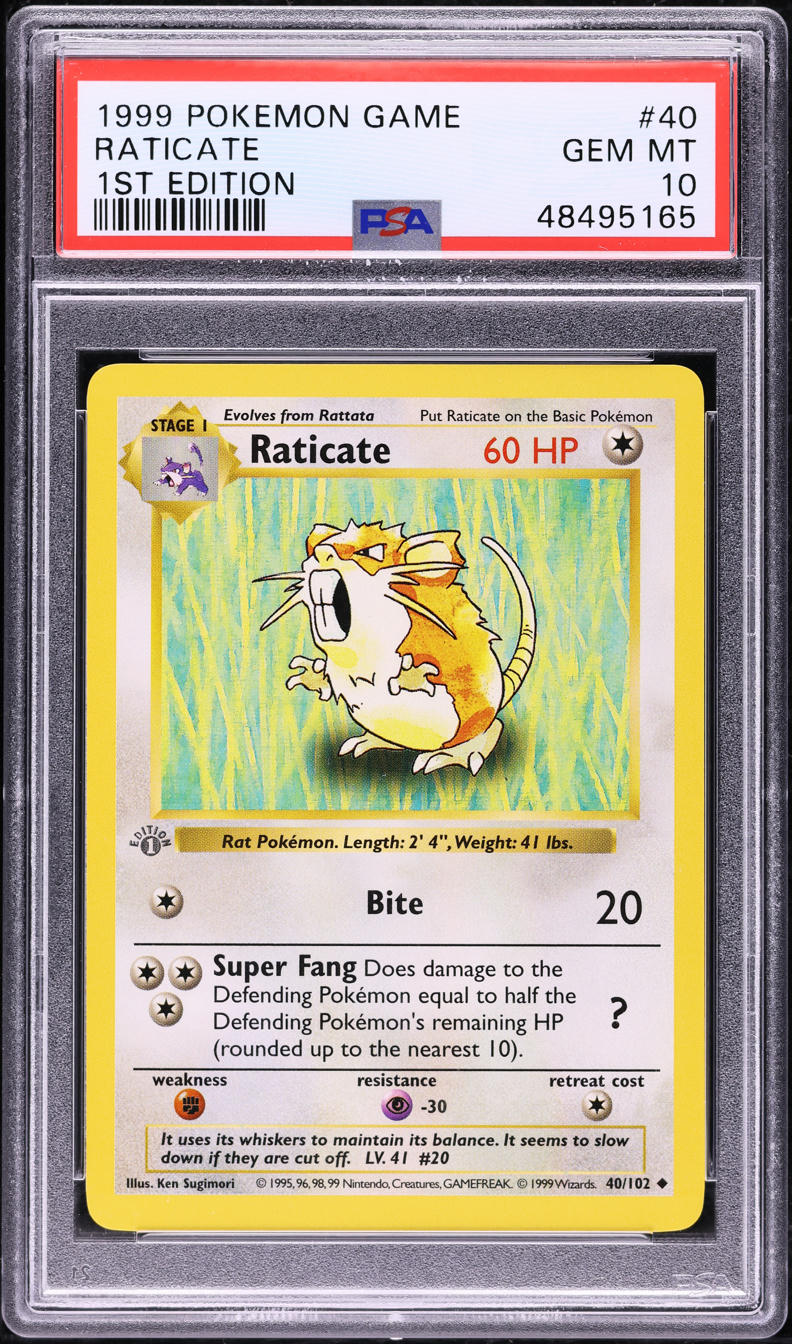 1999 Pokemon Base Set Shadowless 1st Edition Raticate #40 PSA 10 GEM MINT