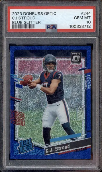2023 Donruss Optic Blue Glitter Prizm #244 C.J. Stroud RC Rated Rookie PSA 10
