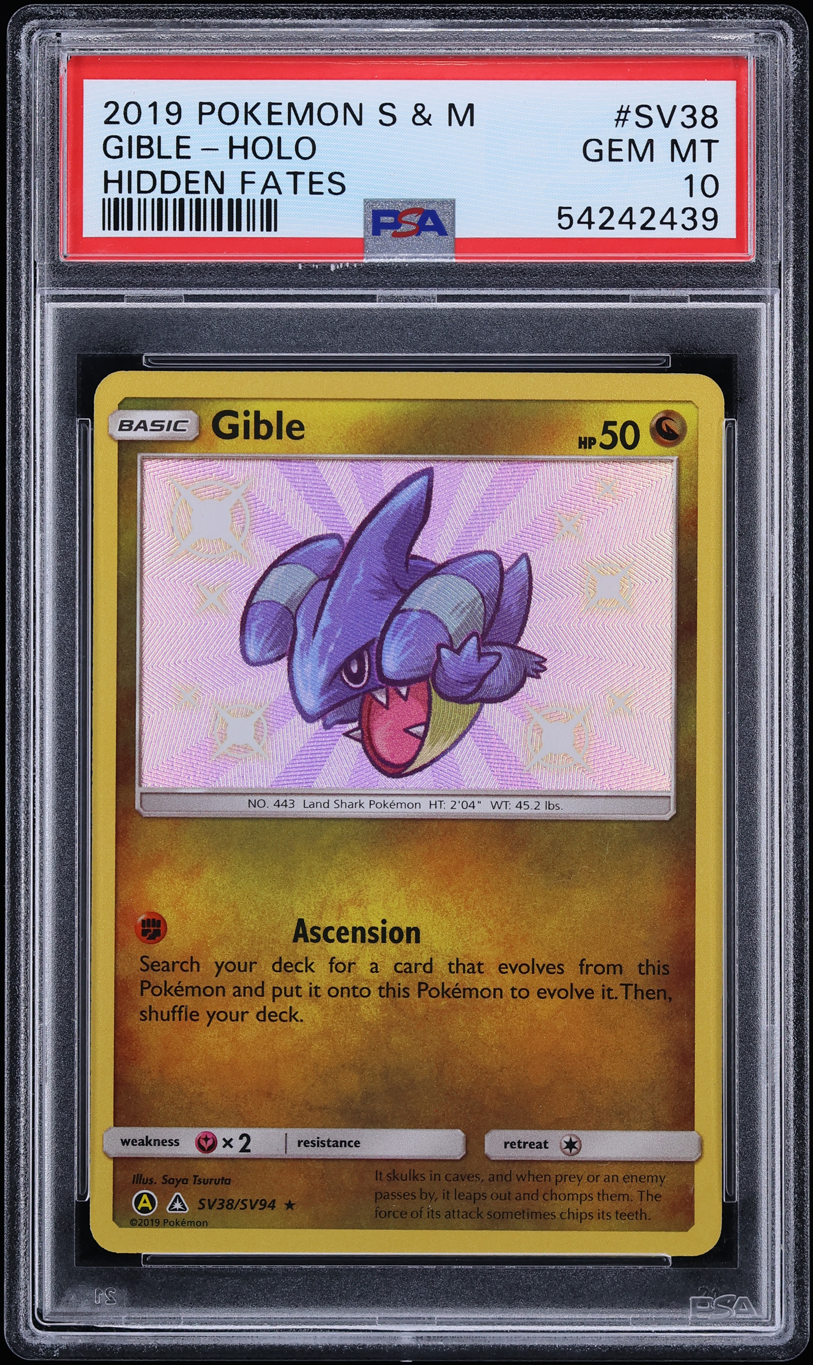 2019 Pokemon Sun & Moon Hidden Fates Shiny Vault Holo Gible #SV38 PSA 10 GEM MINT