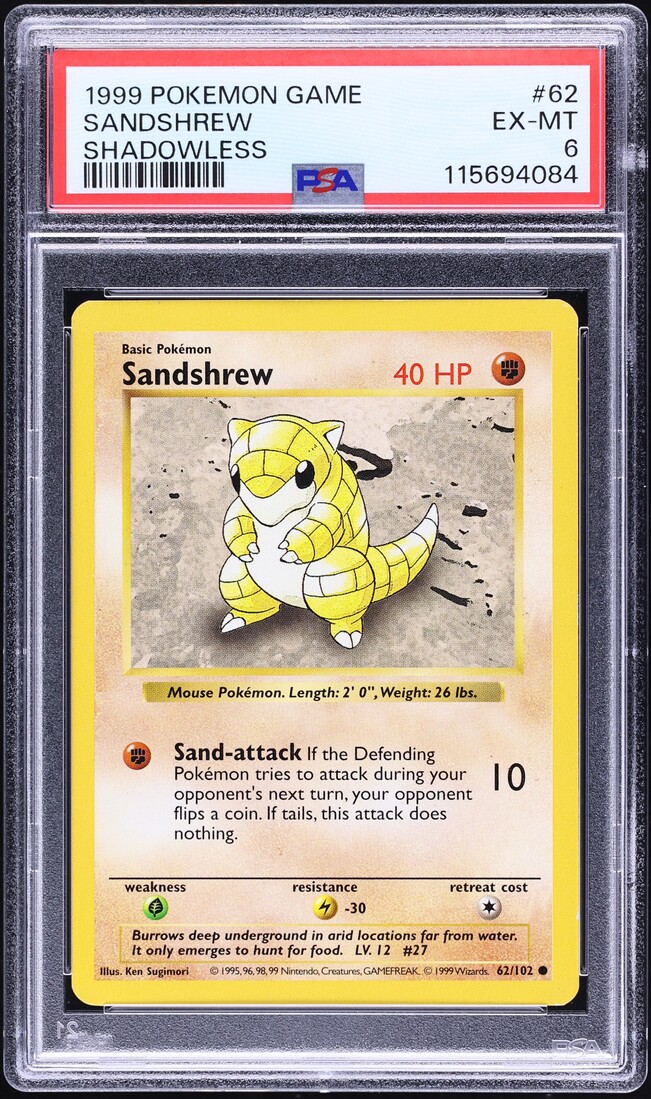 1999 Pokemon Base Set Shadowless Sandshrew #62 PSA 6 EXMT
