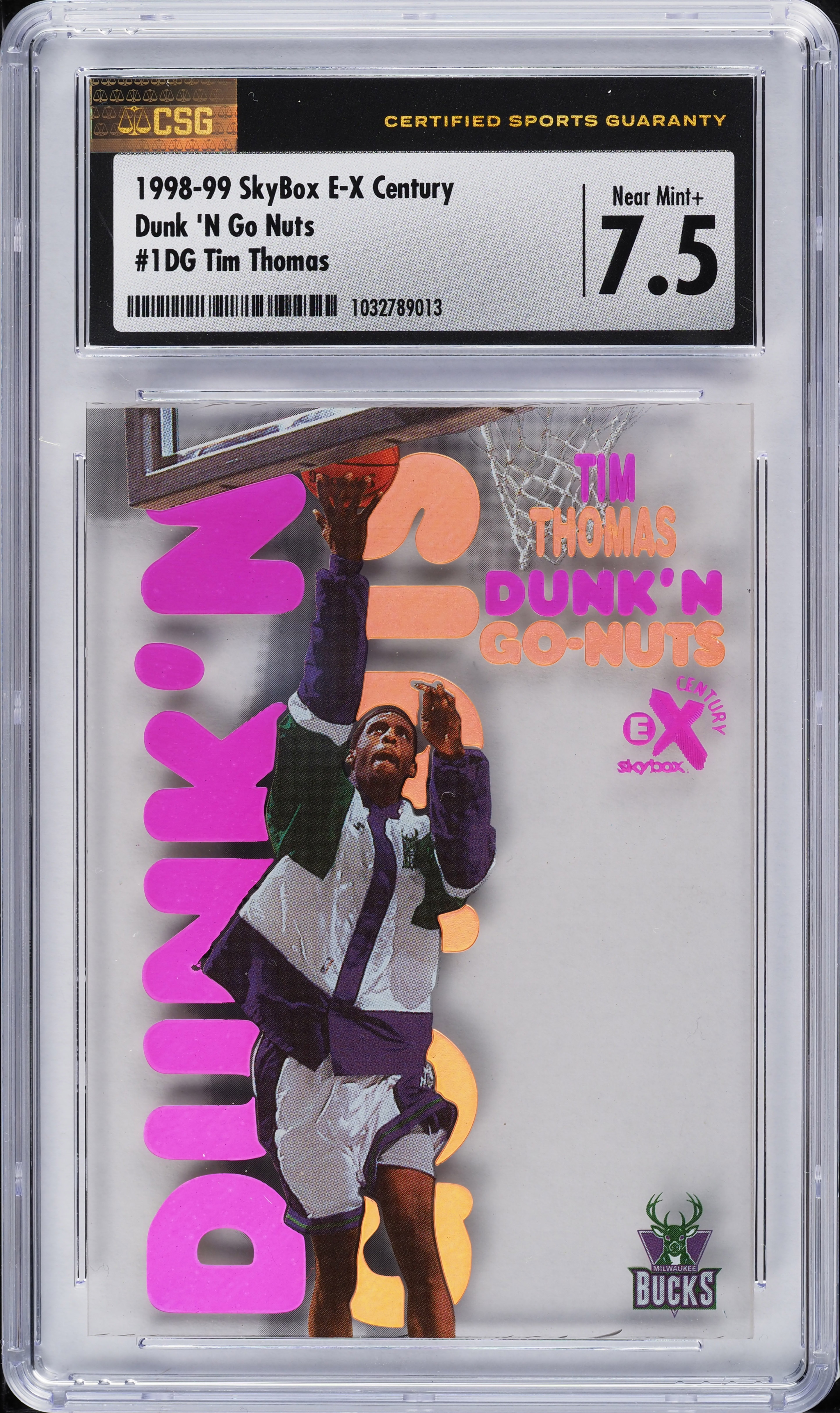 1998 Skybox E-X Century Dunk 'N Go Nuts Tim Thomas #1 CSG 7.5 NRMT+