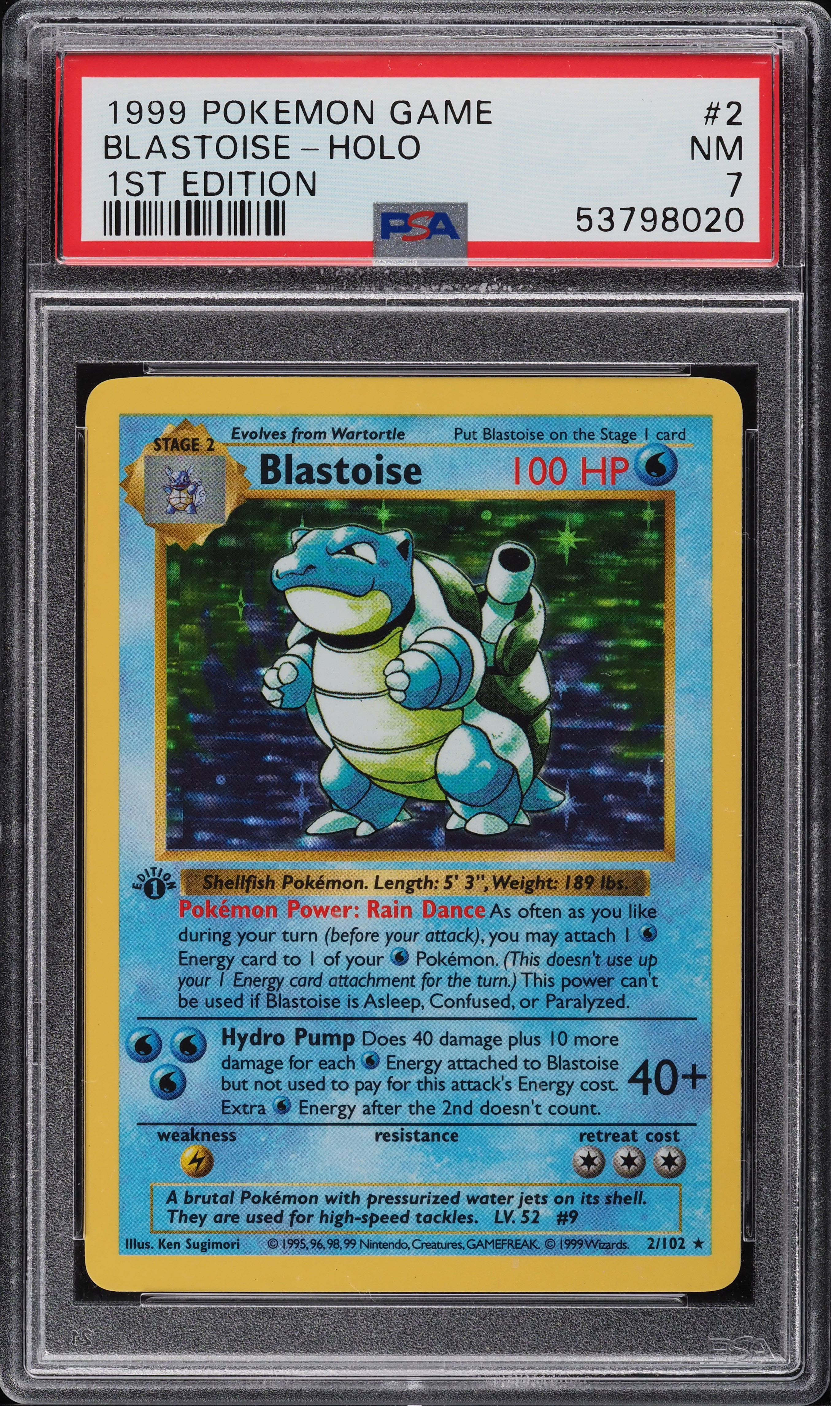 1999 Pokemon Base Set Shadowless 1st Edition Holo Blastoise #2 PSA 7 NRMT