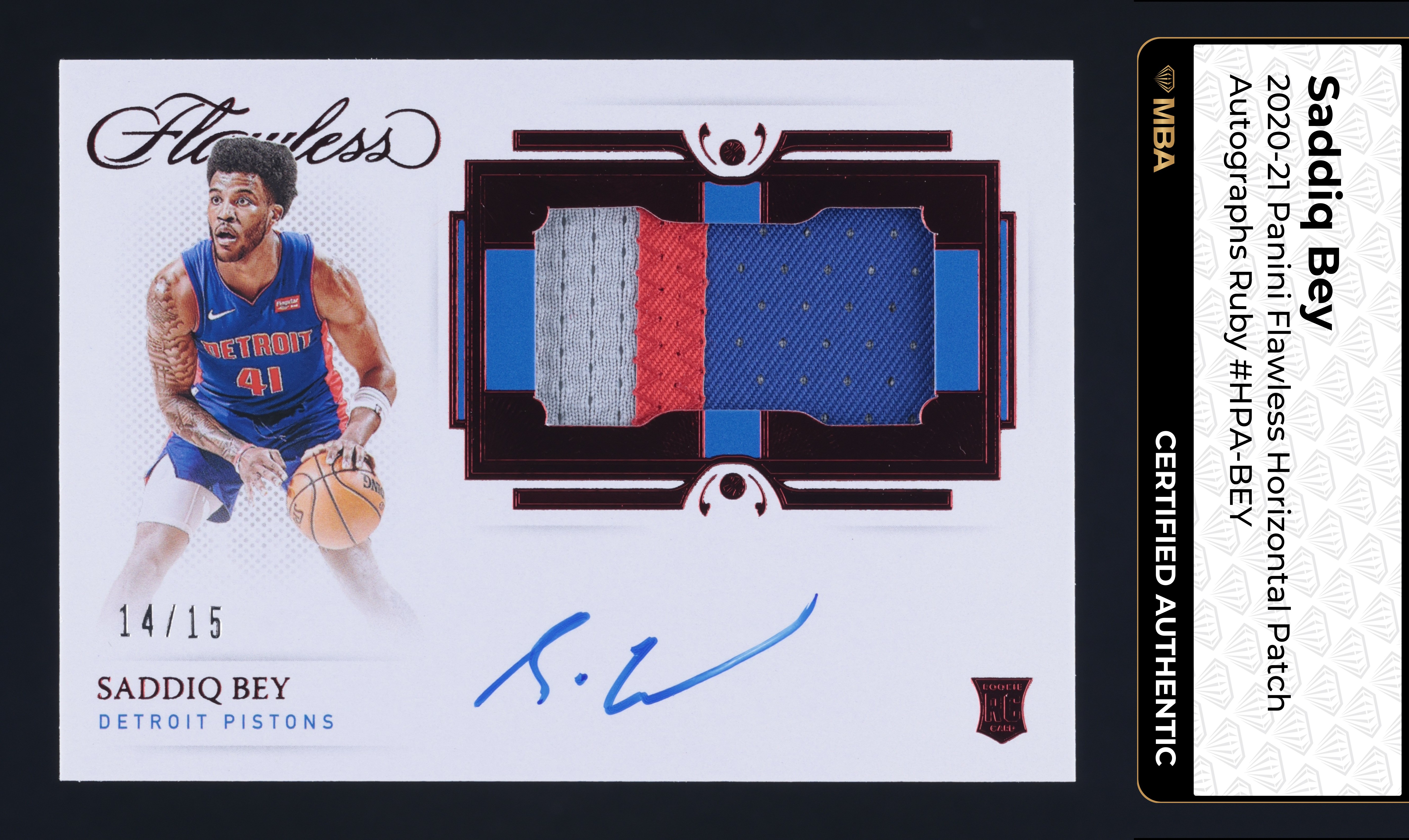 2020 Panini Flawless Horizontal Ruby Saddiq Bey ROOKIE PATCH AUTO /15 MBA AUTH