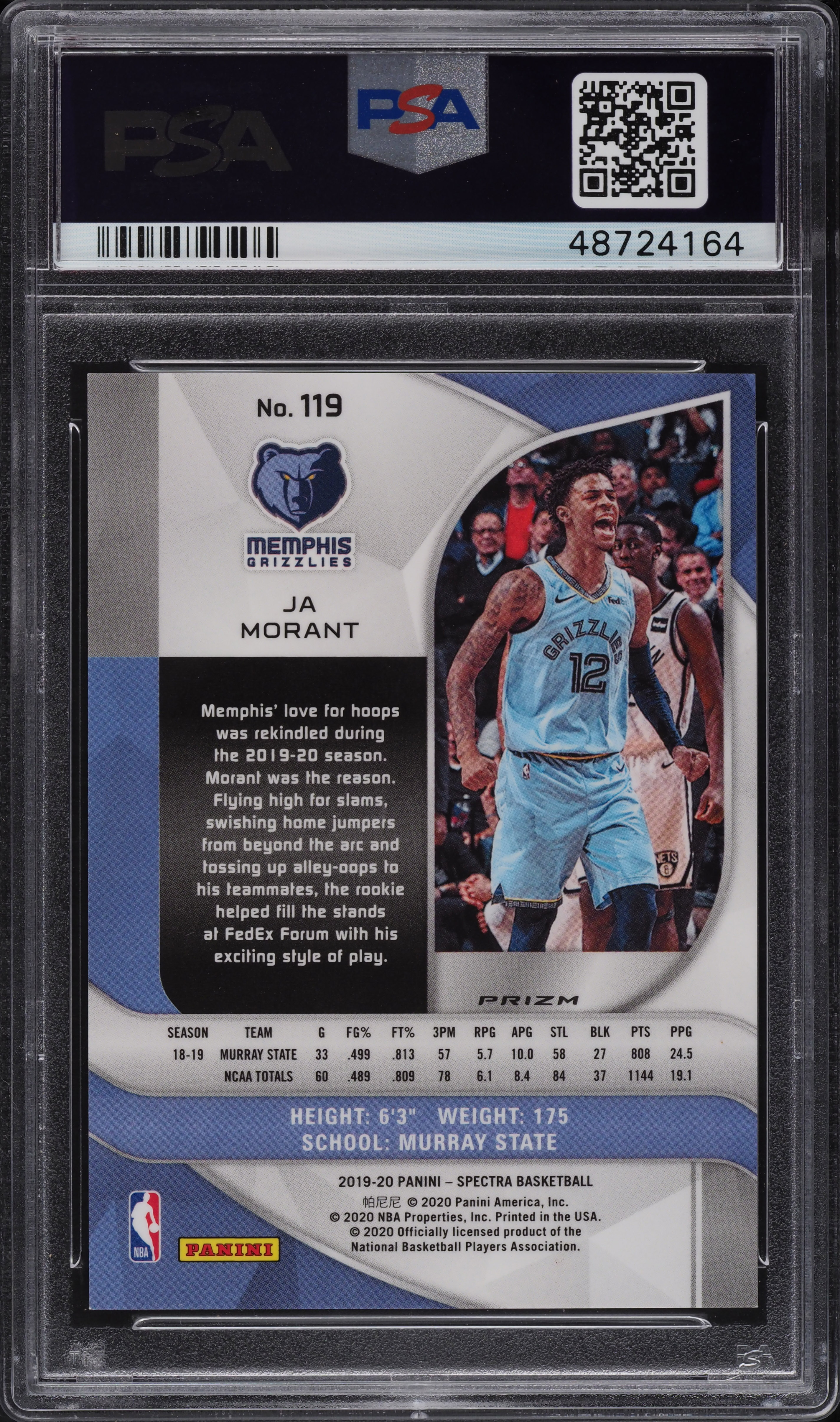 2019 Panini Spectra Silver Ja Morant ROOKIE #119 PSA 10 GEM MINT