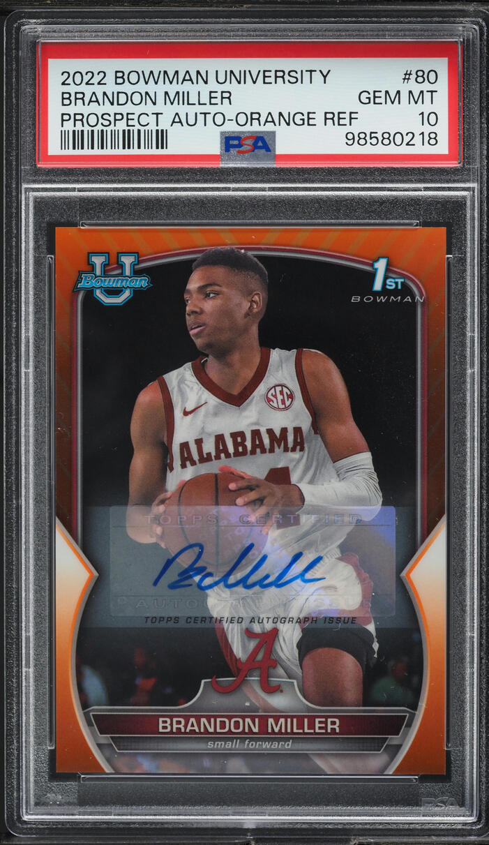 2022 Bowman Chrome U Orange Refractor Brandon Miller ROOKIE AUTO /25 #80 PSA 10