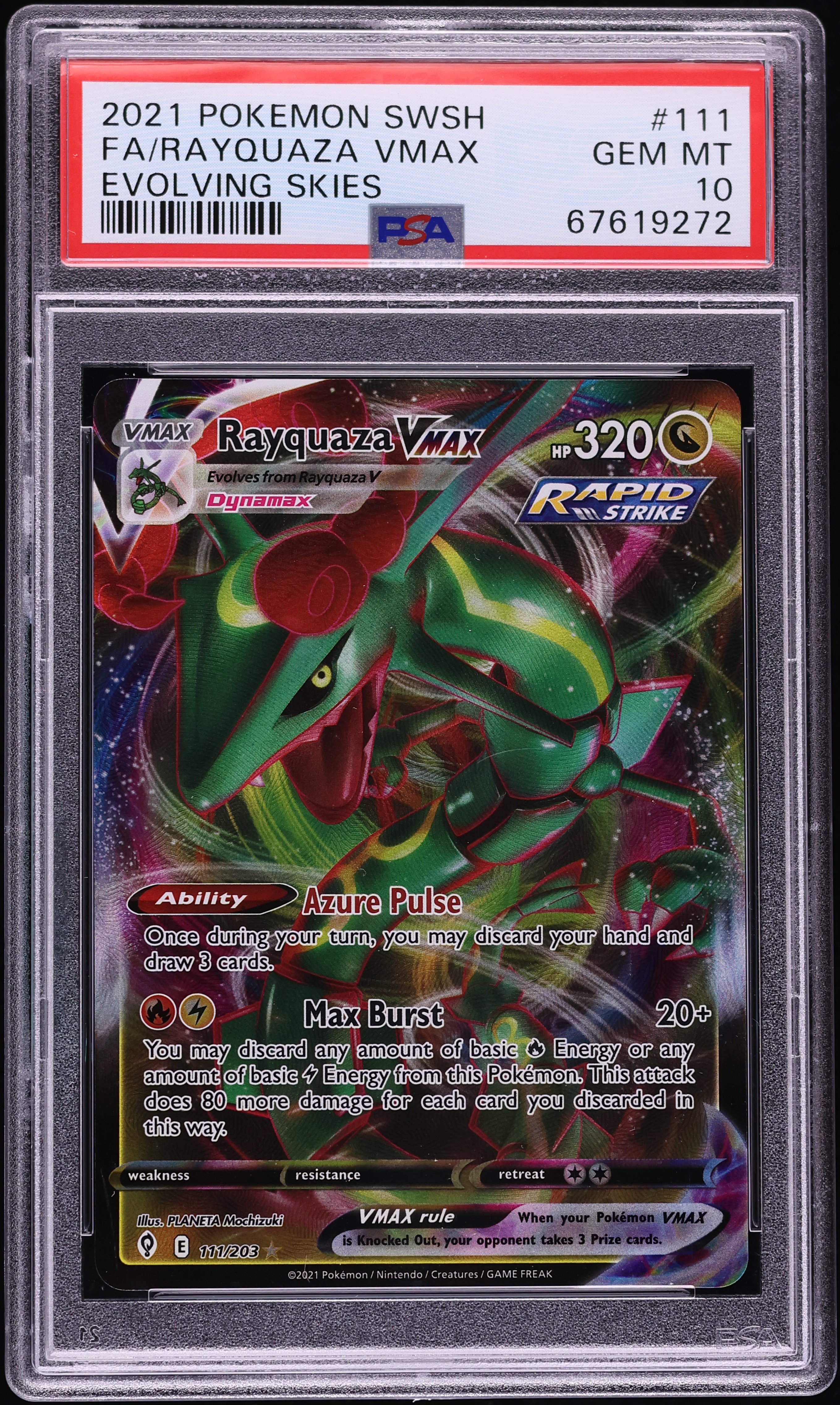 2021 Pokemon Sword & Shield Evolving Skies Full Art Rayquaza VMAX #111 PSA 10 GEM MINT