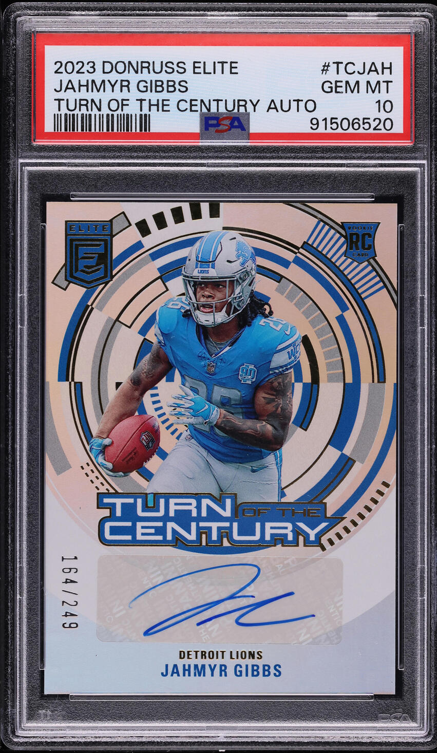 2023 Donruss Elite Turn Of The Century Jahmyr Gibbs ROOKIE AUTO /249 PSA 10 GEM