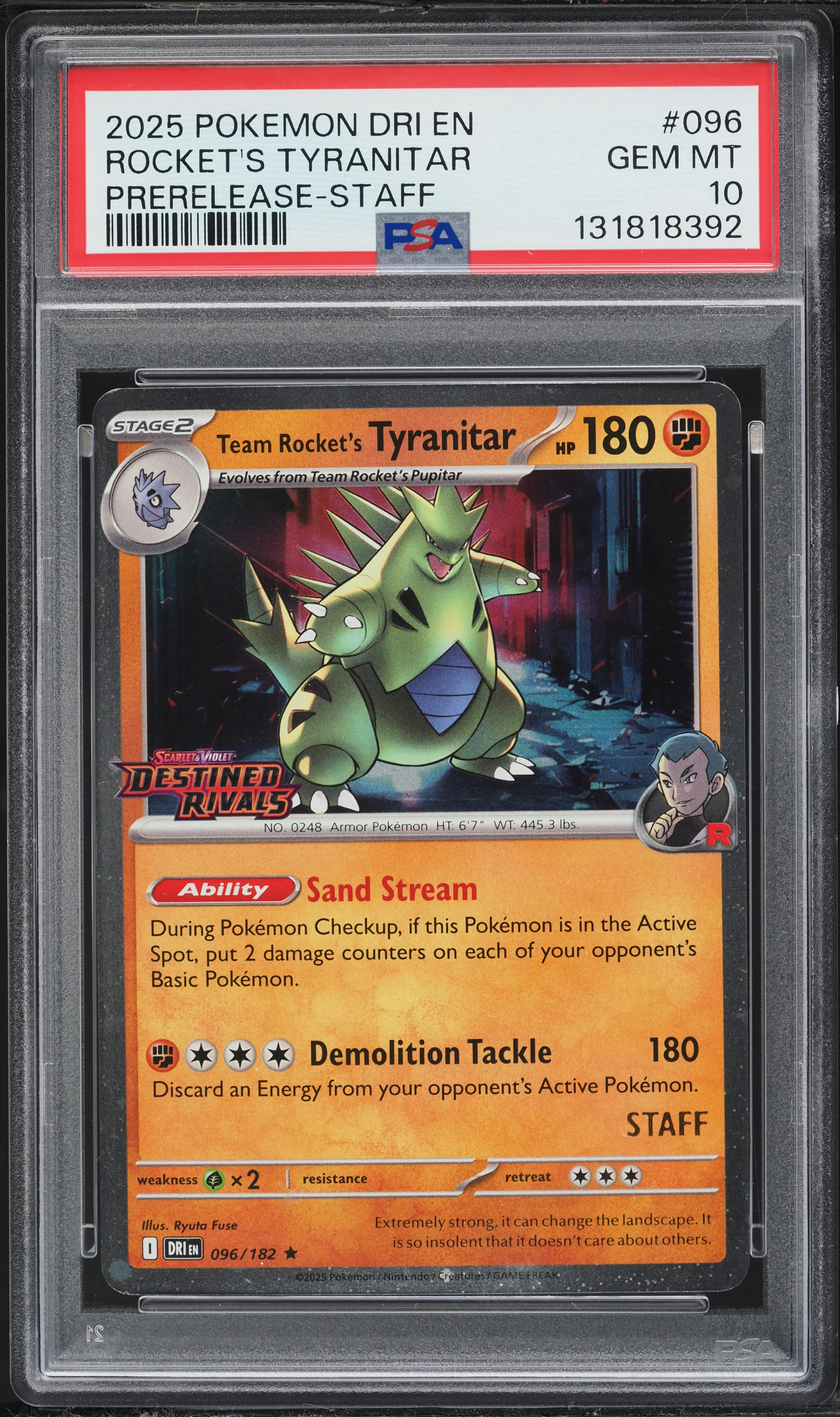 2025 Pokemon SV Destined Rivals Prerelease Staff Team Rocket's Tyranitar #96 PSA 10 GEM MINT