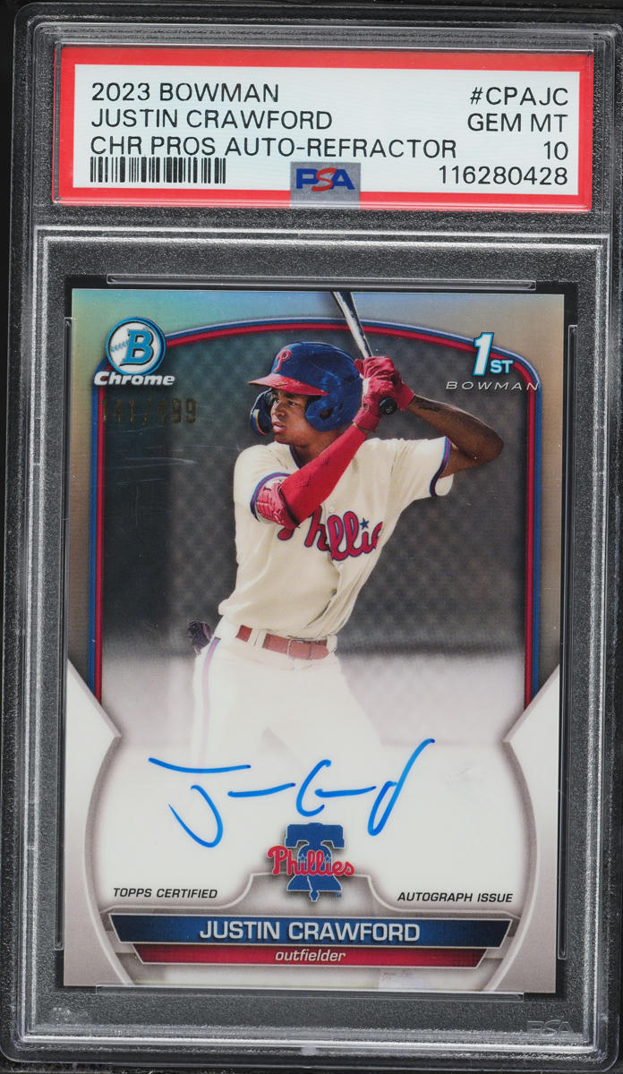 2023 Bowman Chrome Refractor Justin Crawford PROSPECT AUTO /499 #CPA-JC PSA 10 GEM MINT