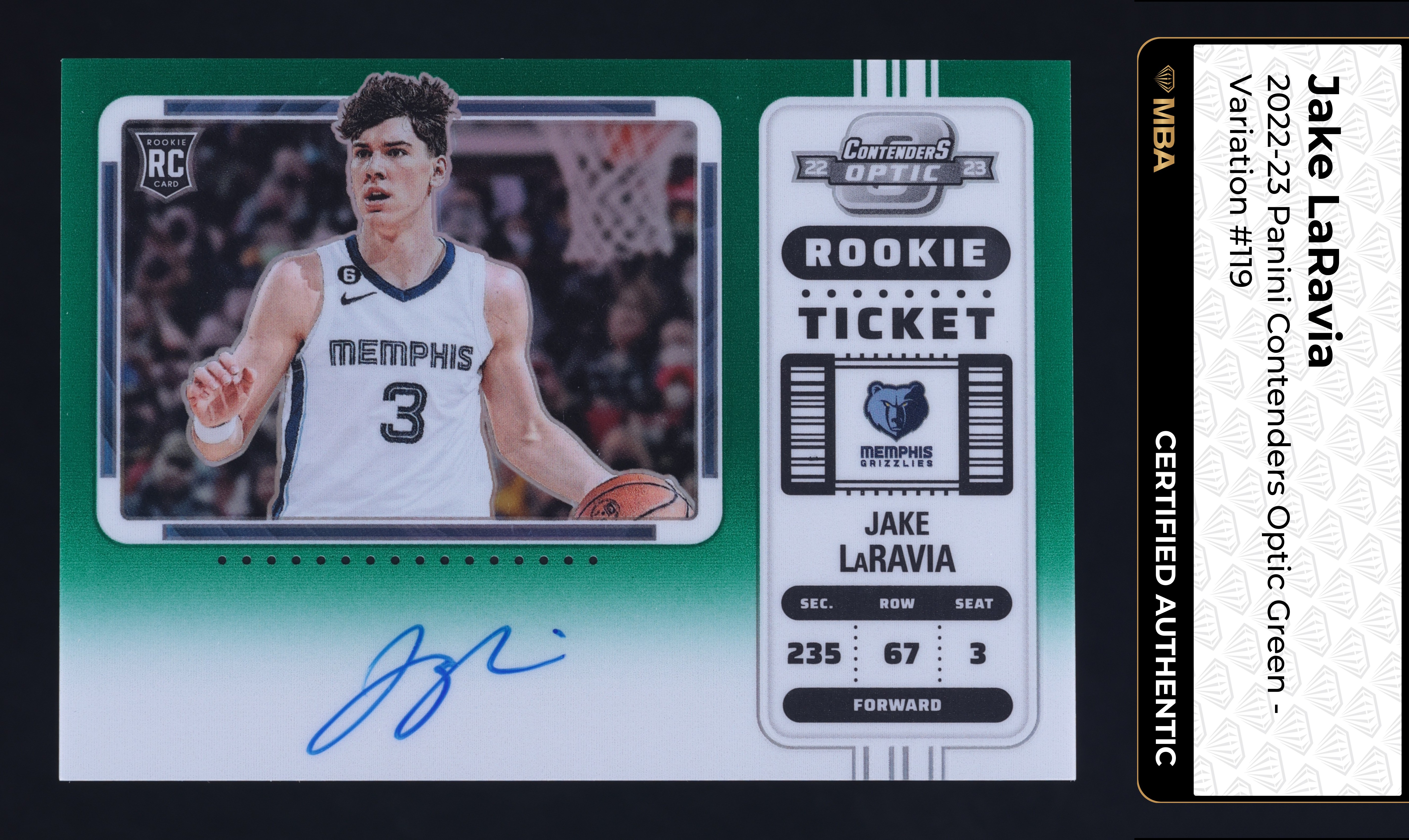 2022 Panini Contenders Optic Green Variation Jake LaRavia RC AUTO /75 MBA AUTH