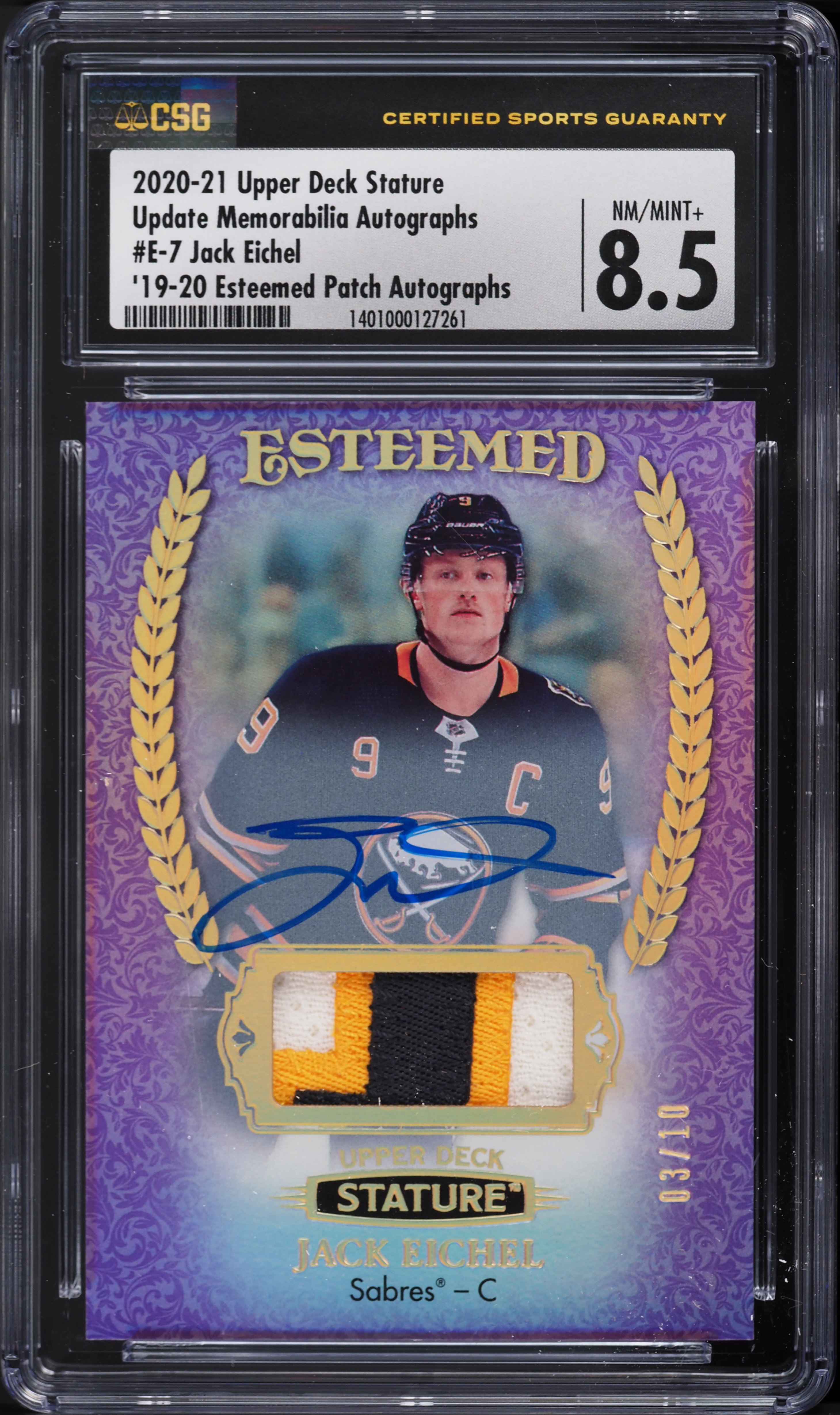 2020 Upper Deck Stature '19 Esteemed  Jack Eichel PATCH AUTO /10 #E-7 CSG 8.5