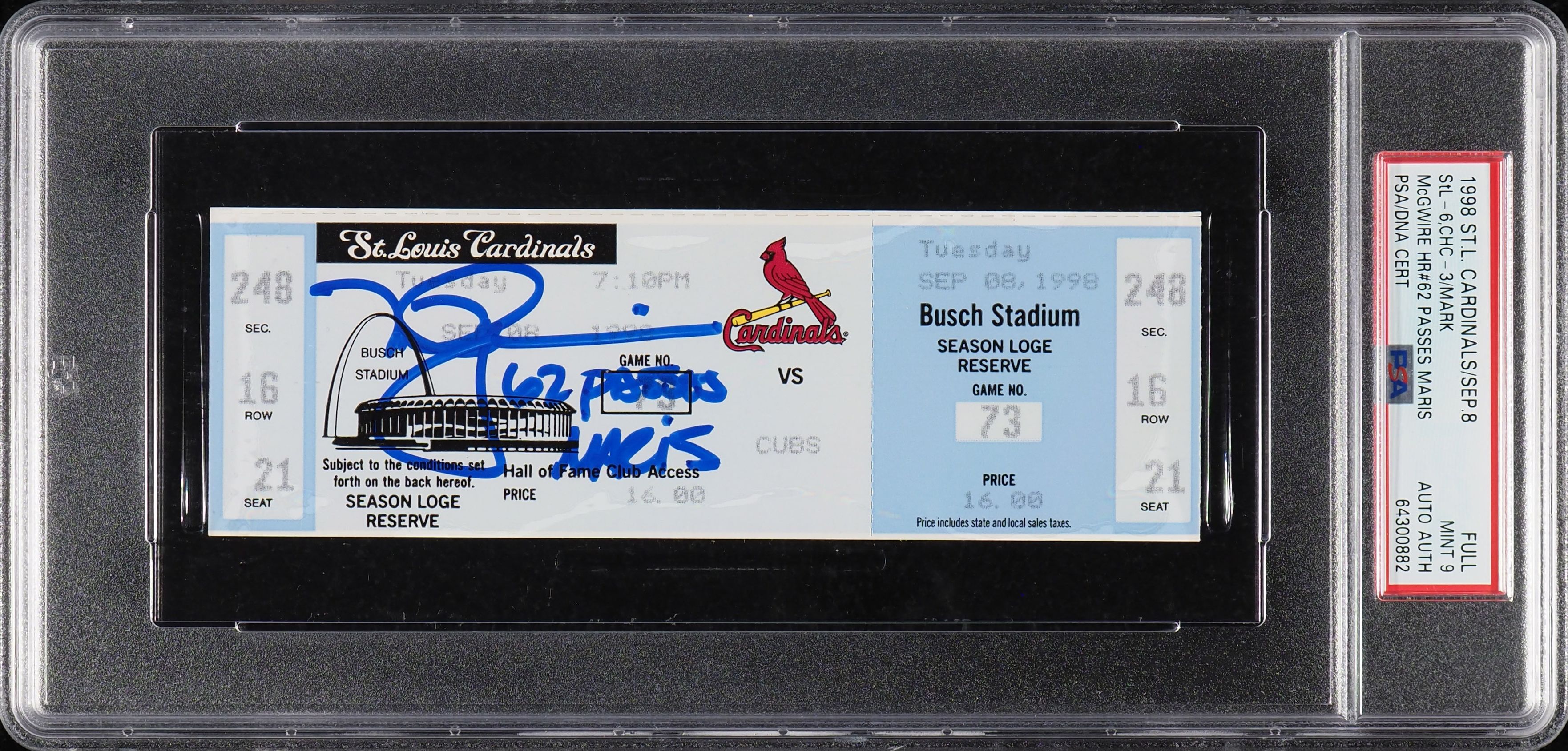 1998 St. Louis Cardinals Full Ticket Mark McGwire HR #62 Passes Maris AUTO PSA 9