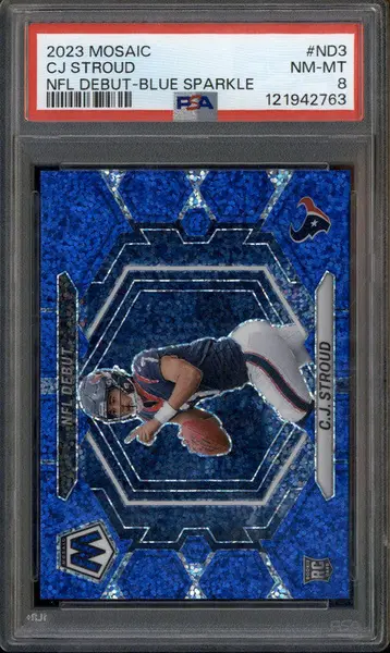 2023 Panini Mosaic Blue Sparkle Prizm #ND-3 C.J. Stroud RC NFL Debut /96 PSA 8