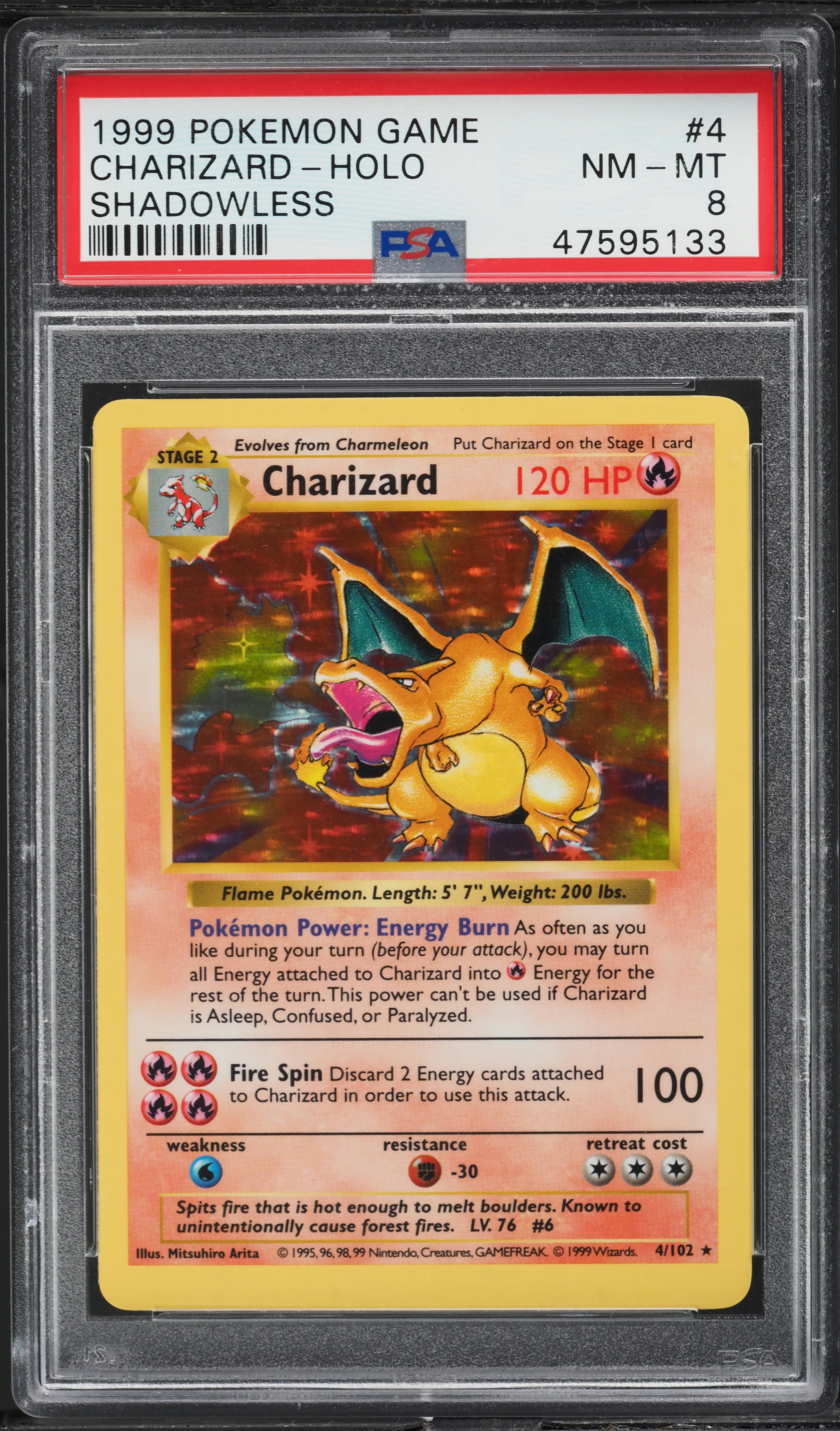 1999 Pokemon Base Set Shadowless Holo Charizard #4 PSA 8 NM-MT