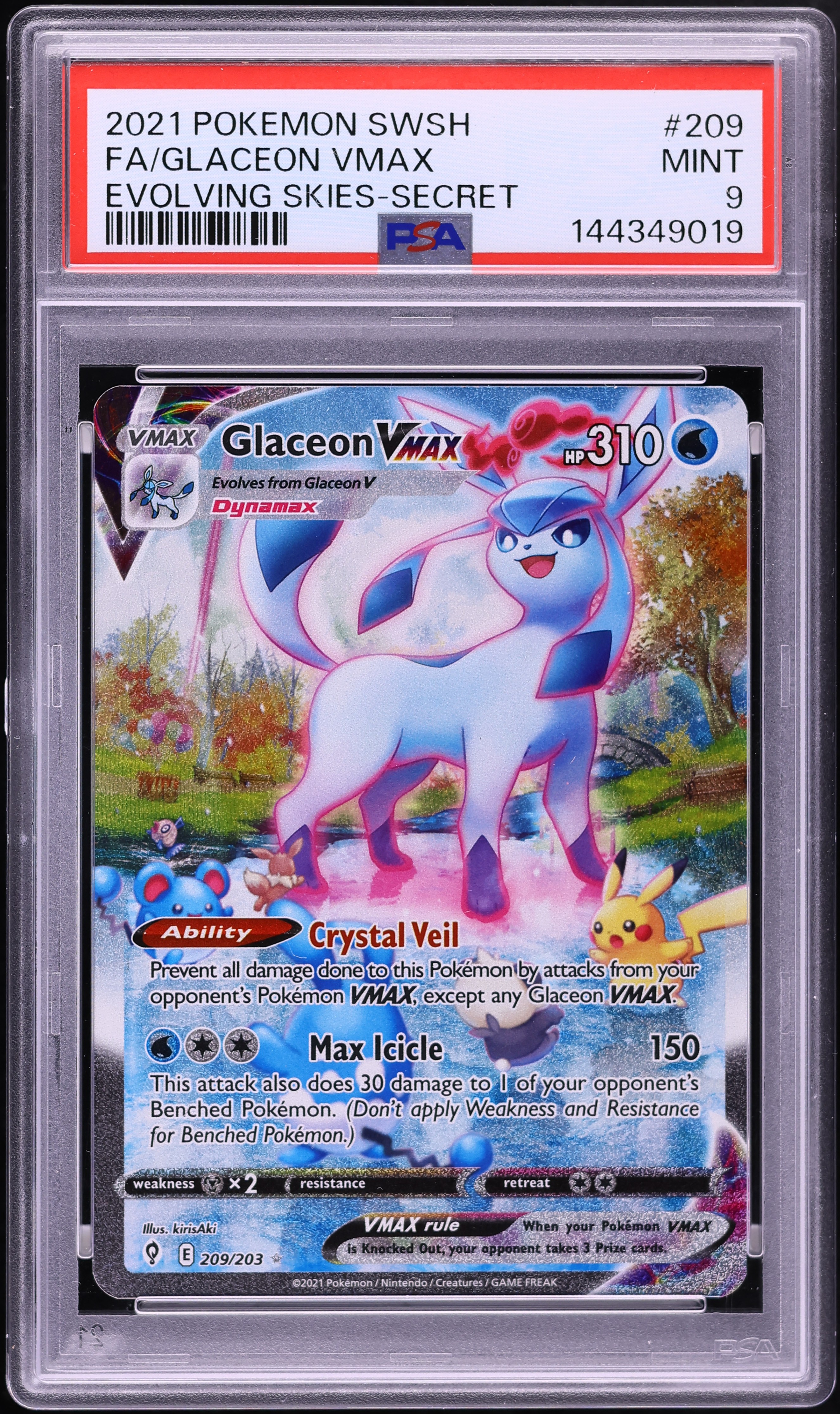 2021 Pokemon Sword & Shield Evolving Skies Alt Art Glaceon VMAX #209 PSA 9 MINT