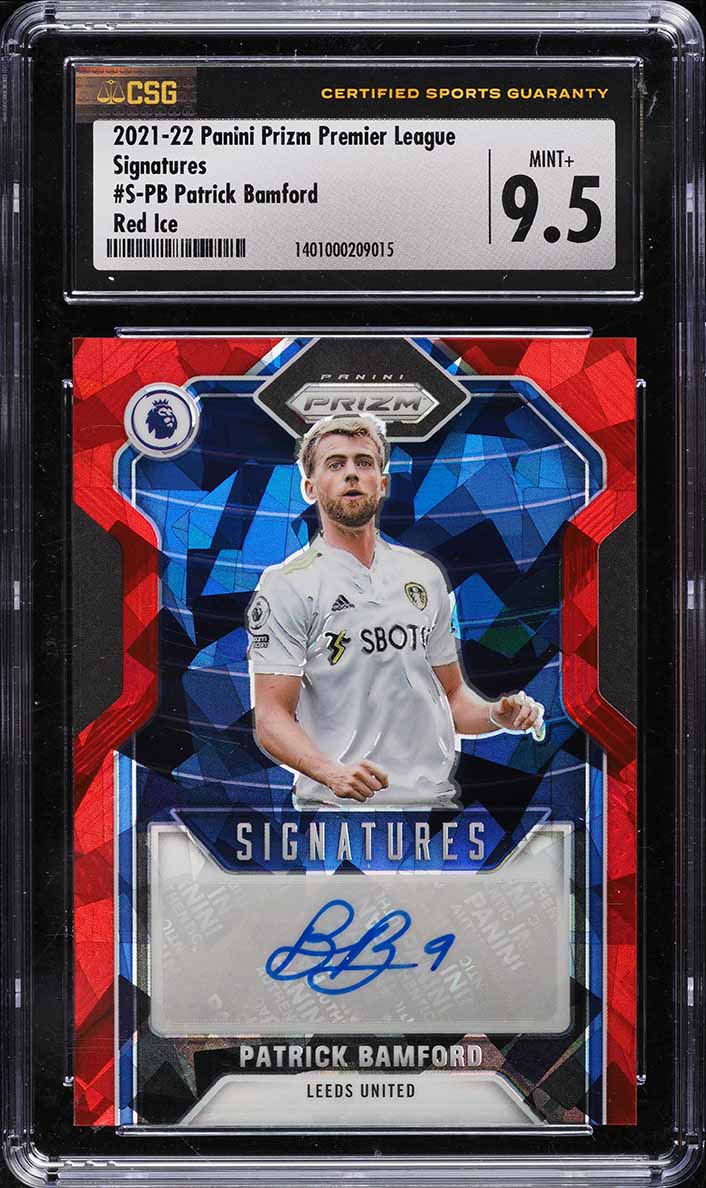 2021 Panini Prizm Premier League Signatures Red Ice Patrick Bamford AUTO CSG 9.5