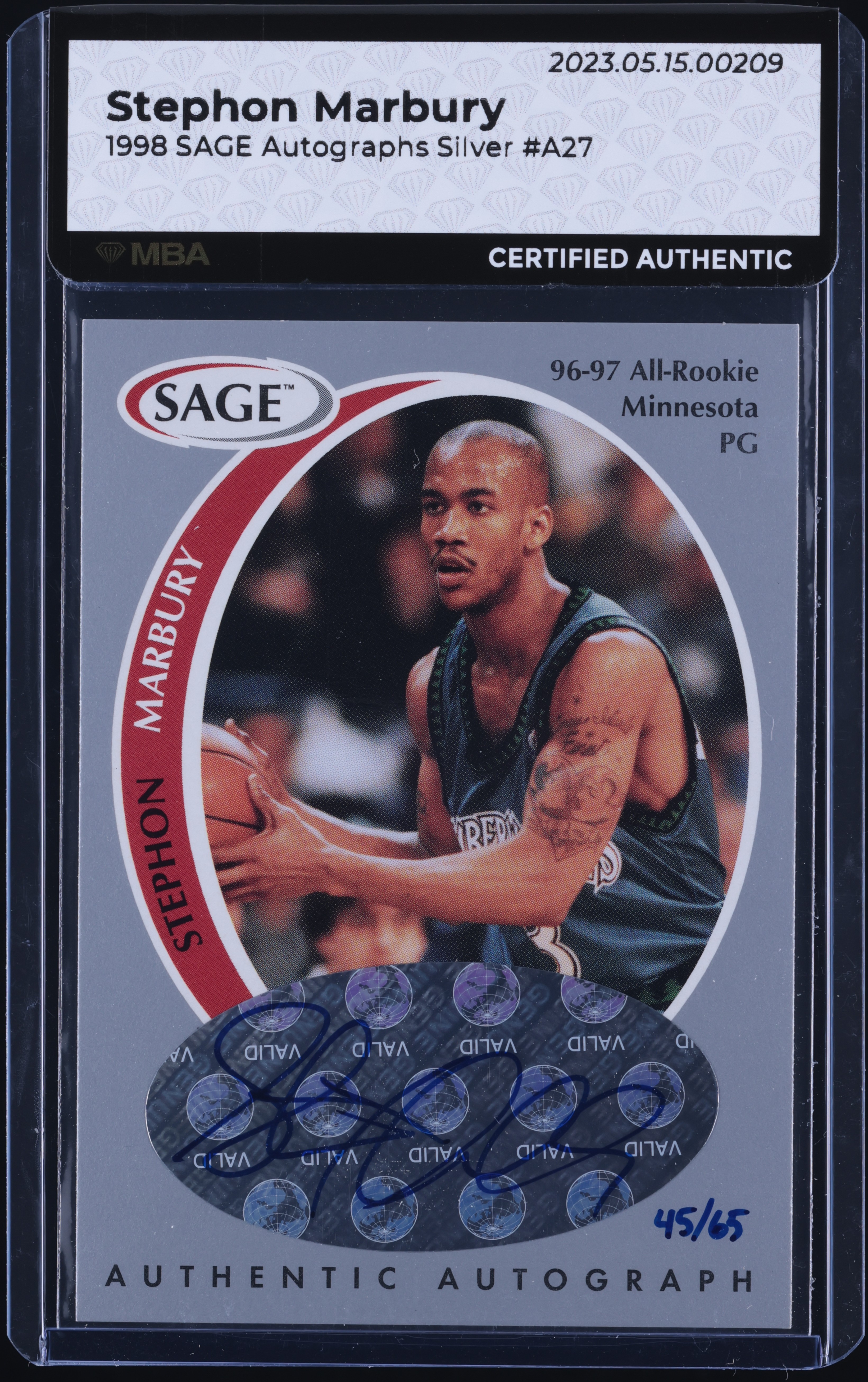 1998 SAGE Silver Stephon Marbury AUTO /65 #A27 MBA AUTH