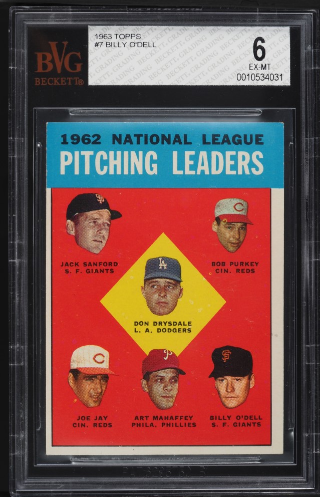 1963 Topps Don Drysdale Sanford Purkey O'Dell Art Mahaffey NL LDRS #7 BVG 6 EXMT